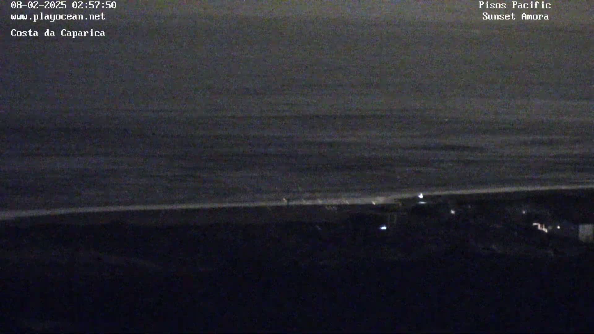 A dark, nighttime view shows a calm ocean meeting a dark beach under a cloudy sky.