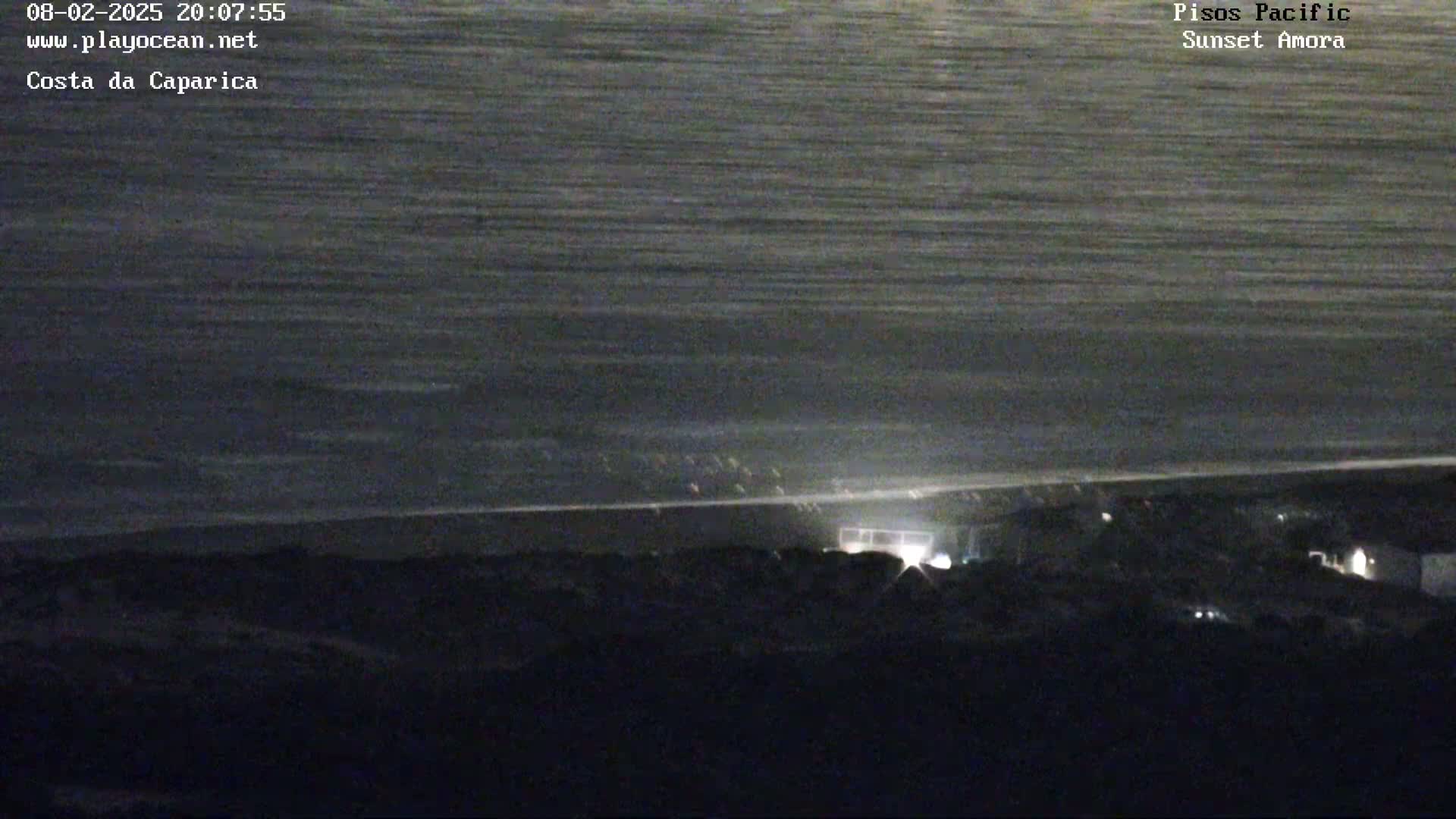 A dark, nighttime view of a beach with a calm ocean and some lights visible on the shore.