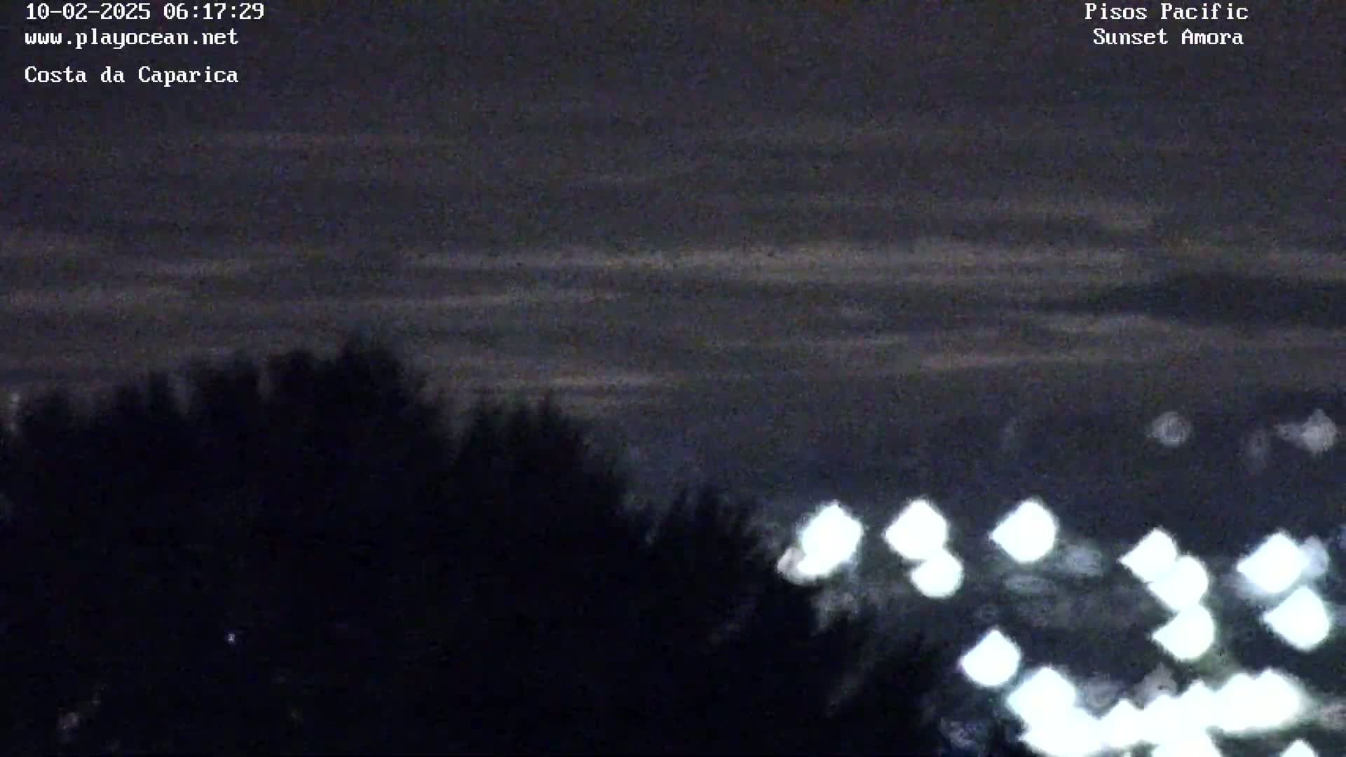 A nighttime view of a dark, cloudy sky over a silhouetted line of trees and distant lights.
