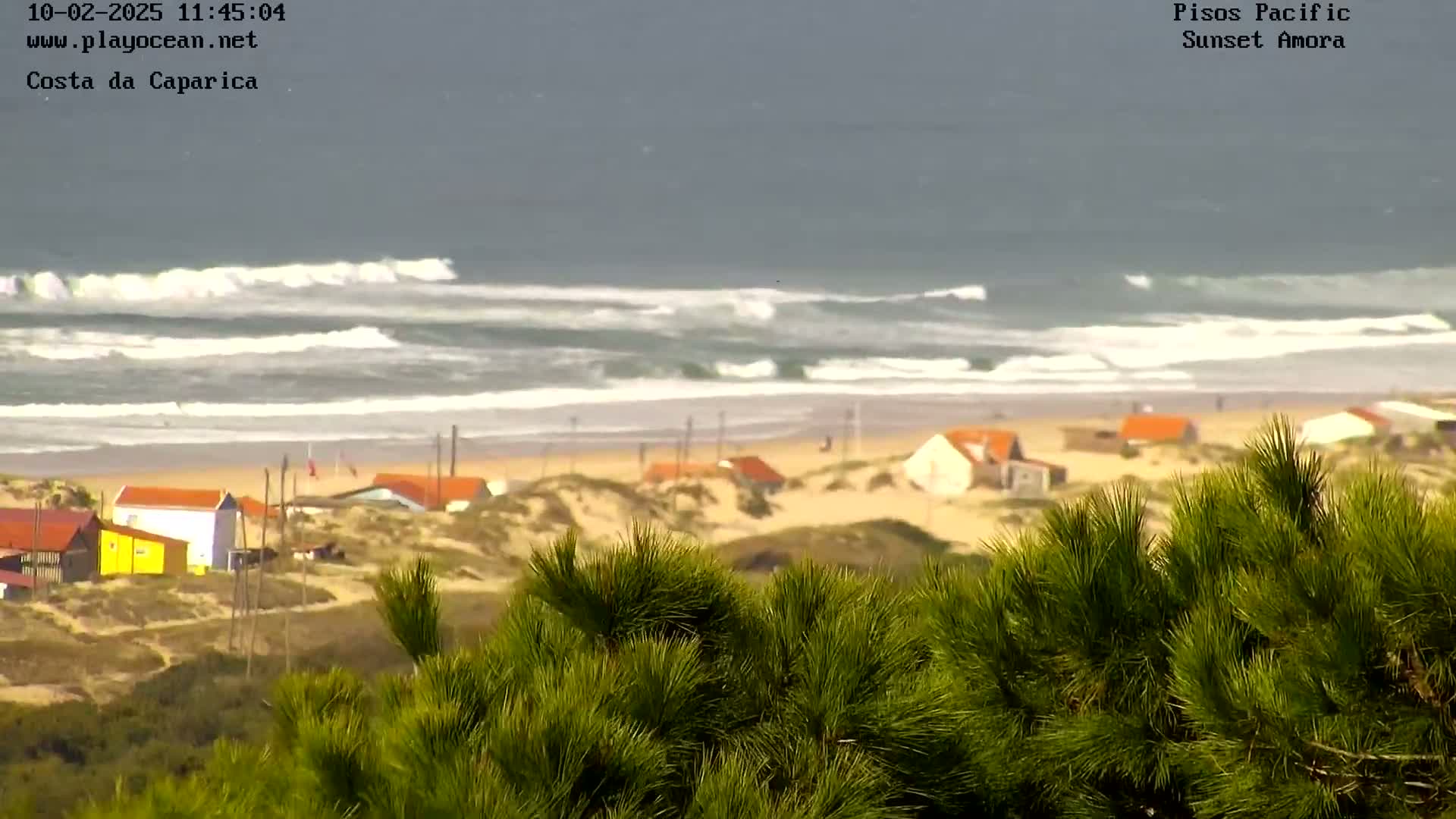 A view from a dune shows a sandy beach with small houses and breaking waves on an overcast day.