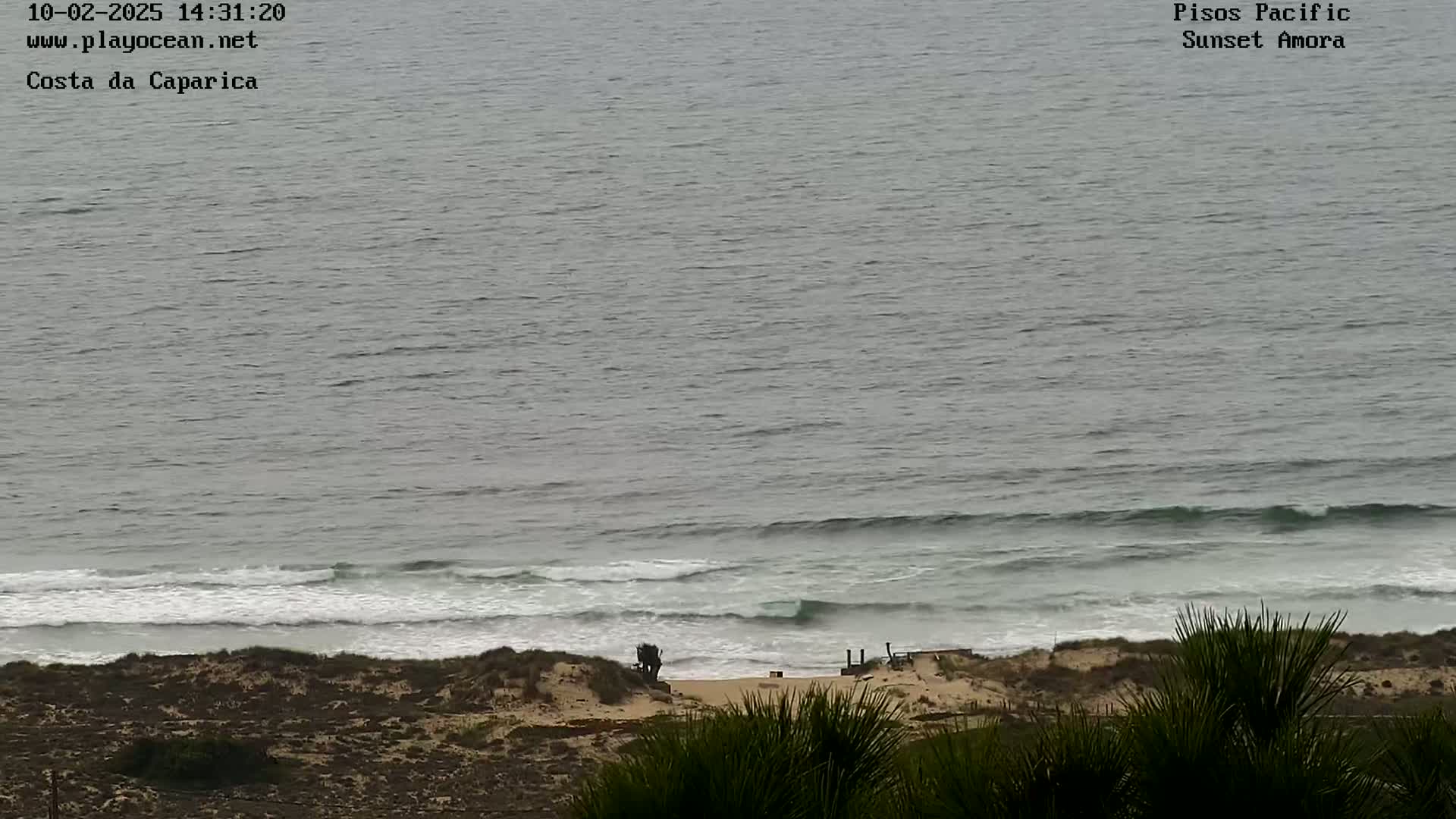 An overcast day shows a view of a sandy beach and ocean with small waves rolling onto the shore, seen from a high vantage point.