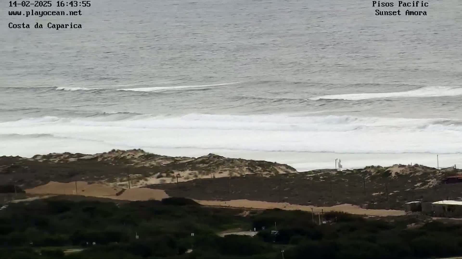 A high-angle view shows a coastline with sandy dunes and dark green vegetation, overlooking a grey ocean with white-capped waves under an overcast sky.