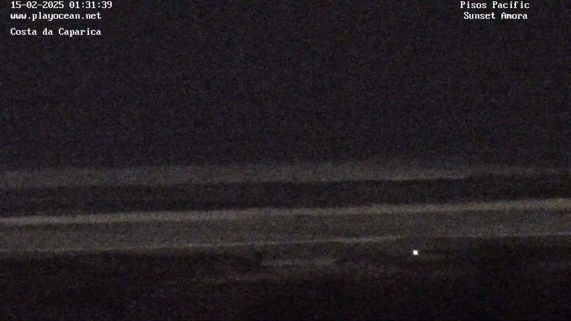 A nighttime view of dark ocean waves lapping a shoreline under a clear, dark sky.