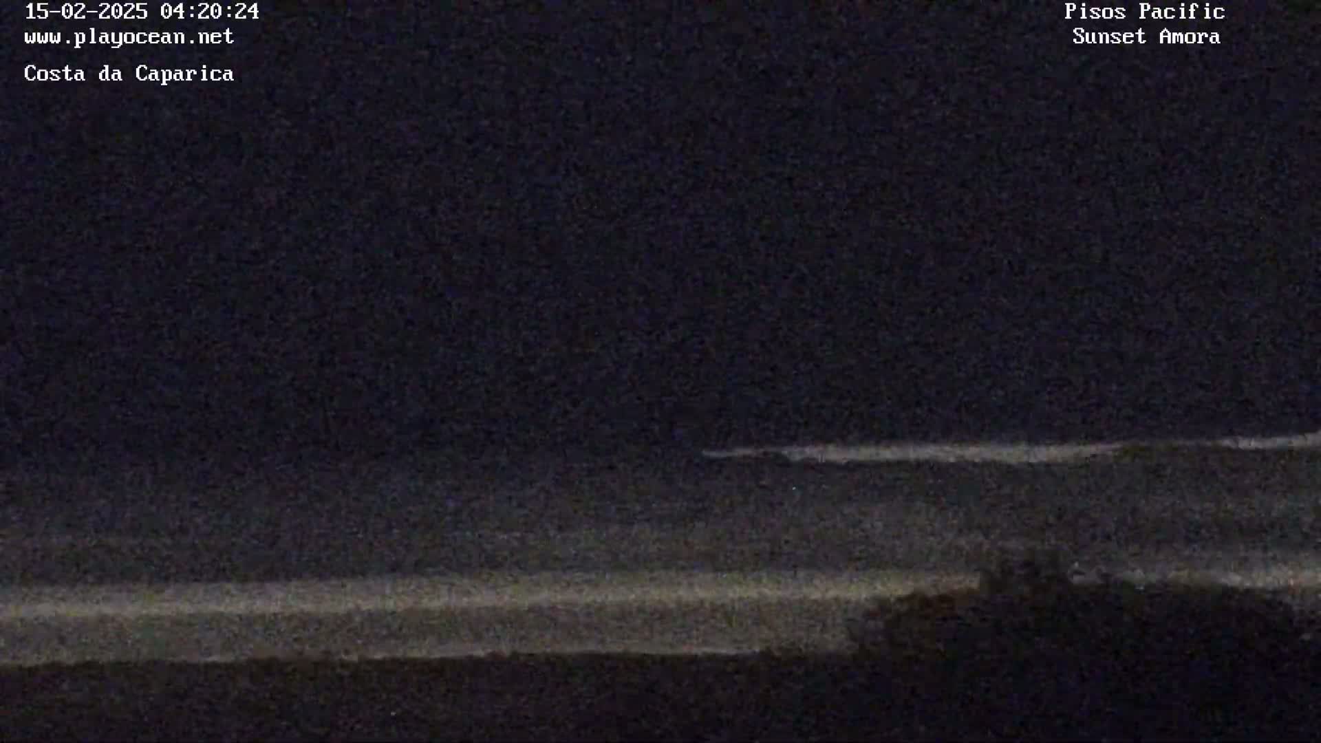 A dark nighttime beach scene shows a faint, light-colored horizon line over dark water.