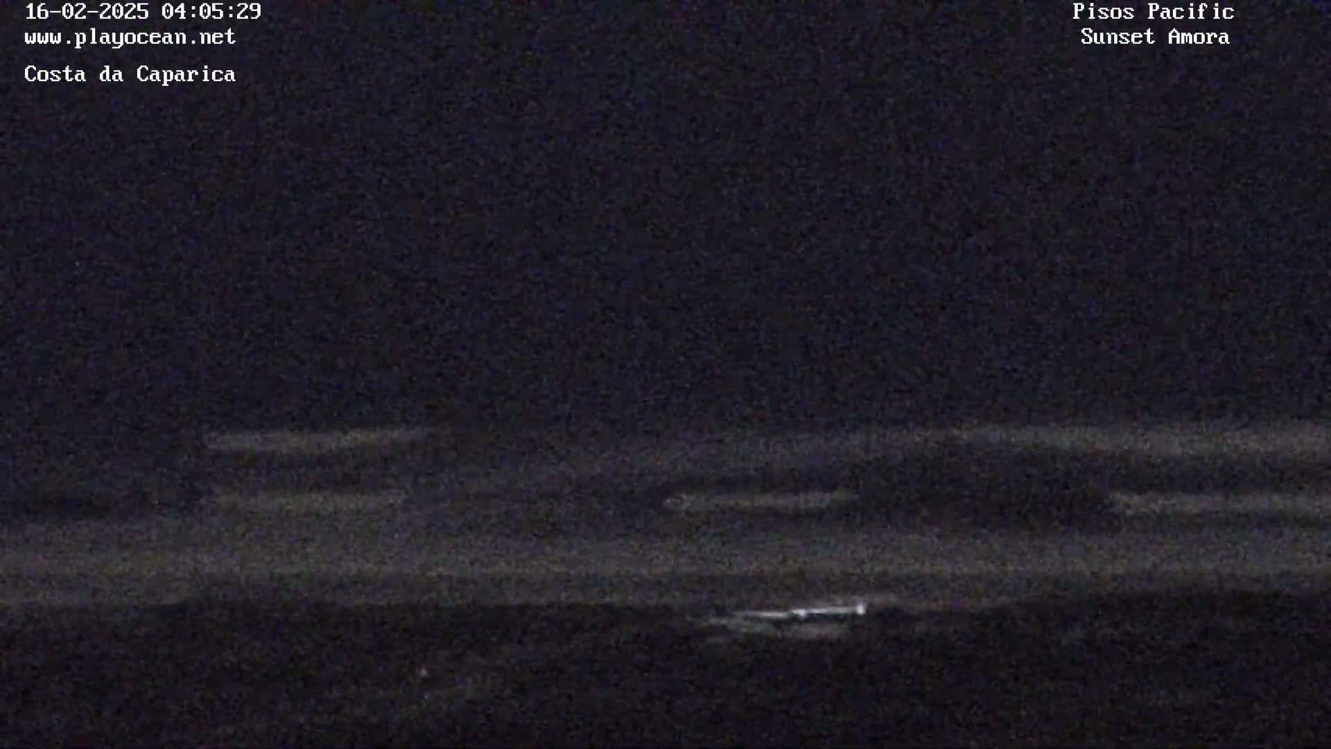 A dark, nighttime coastal scene shows a dimly lit shoreline and a dark, possibly overcast, sky.