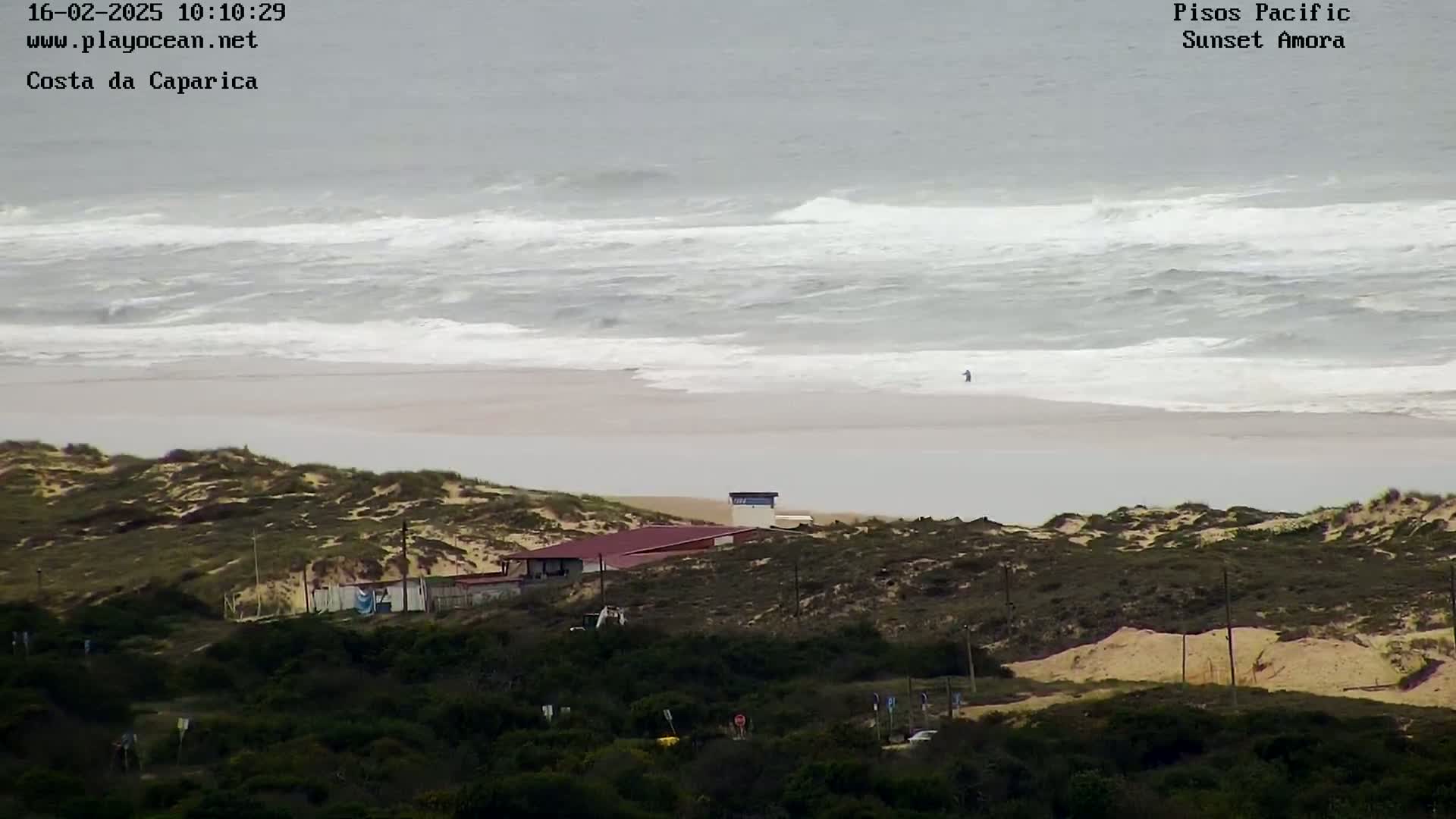 A beach with white-capped waves under an overcast sky is viewed from a dune overlooking a small building, with sparse vegetation and a few vehicles visible in the foreground.
