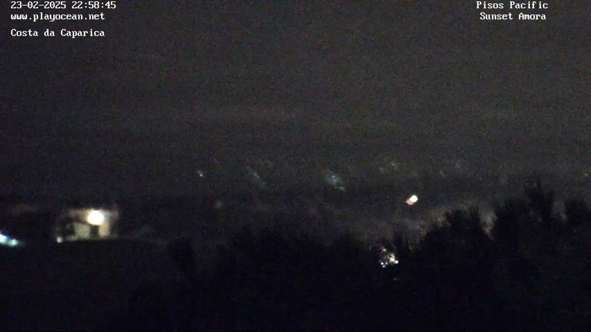 A nighttime long shot shows a dark landscape with distant lights and silhouetted vegetation under a mostly clear, dark sky.