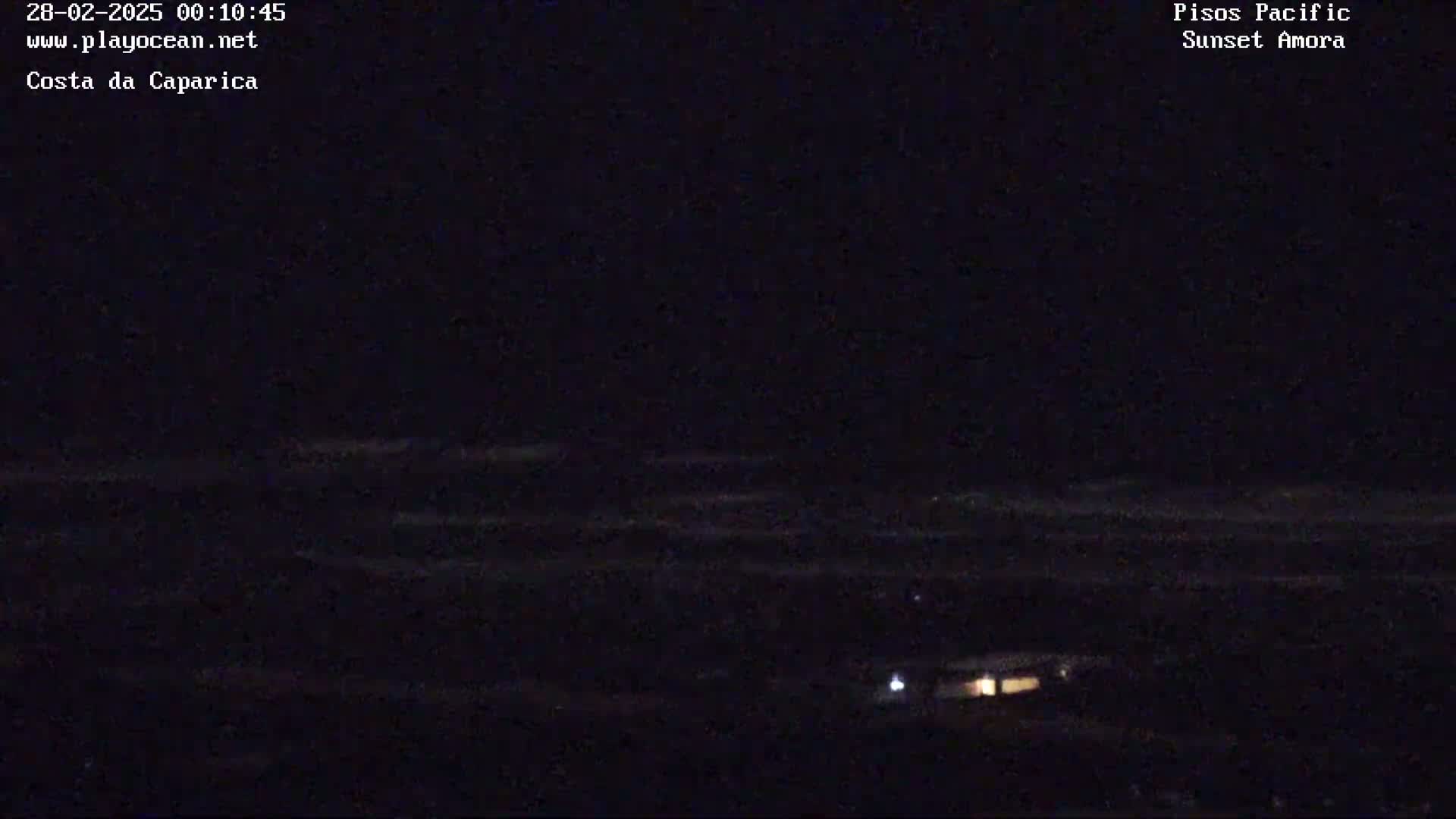 A dark nighttime coastal scene shows a mostly black ocean with faint waves and a single, small light source visible near the bottom.