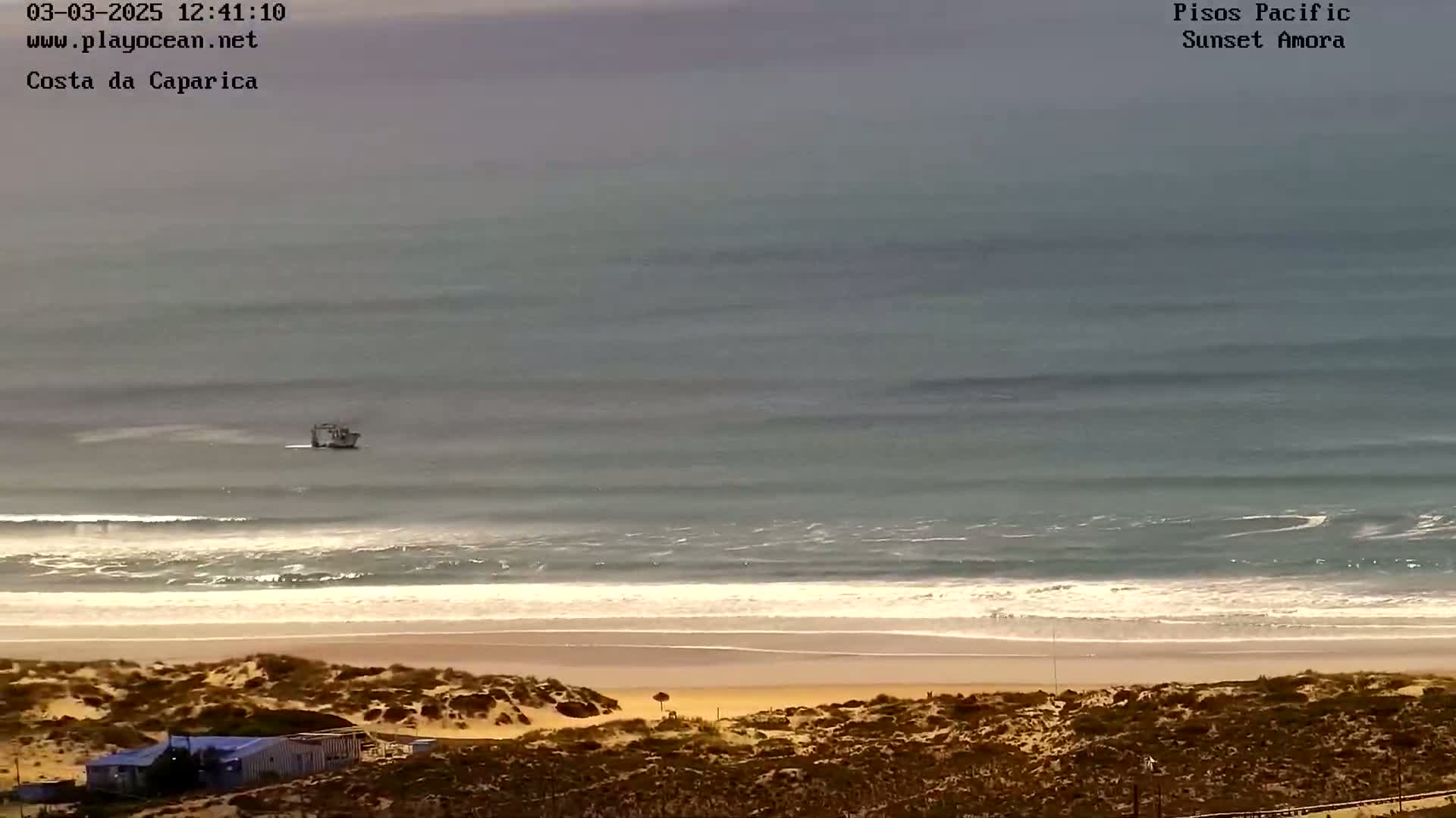 A distant small boat is visible on a gray, somewhat overcast ocean meeting a sandy beach backed by brown dunes and low-lying vegetation.