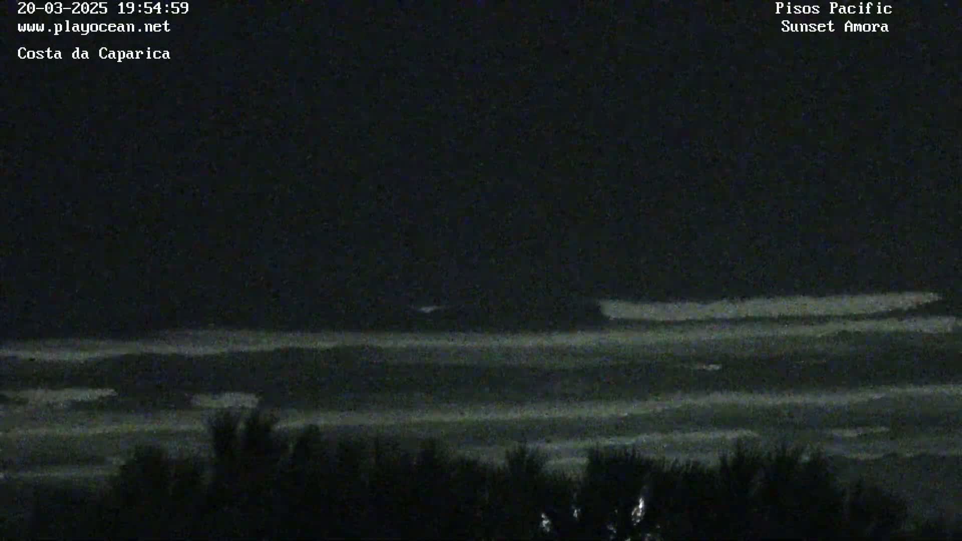 A nighttime view of a dark ocean with subtle waves visible under a mostly clear sky.