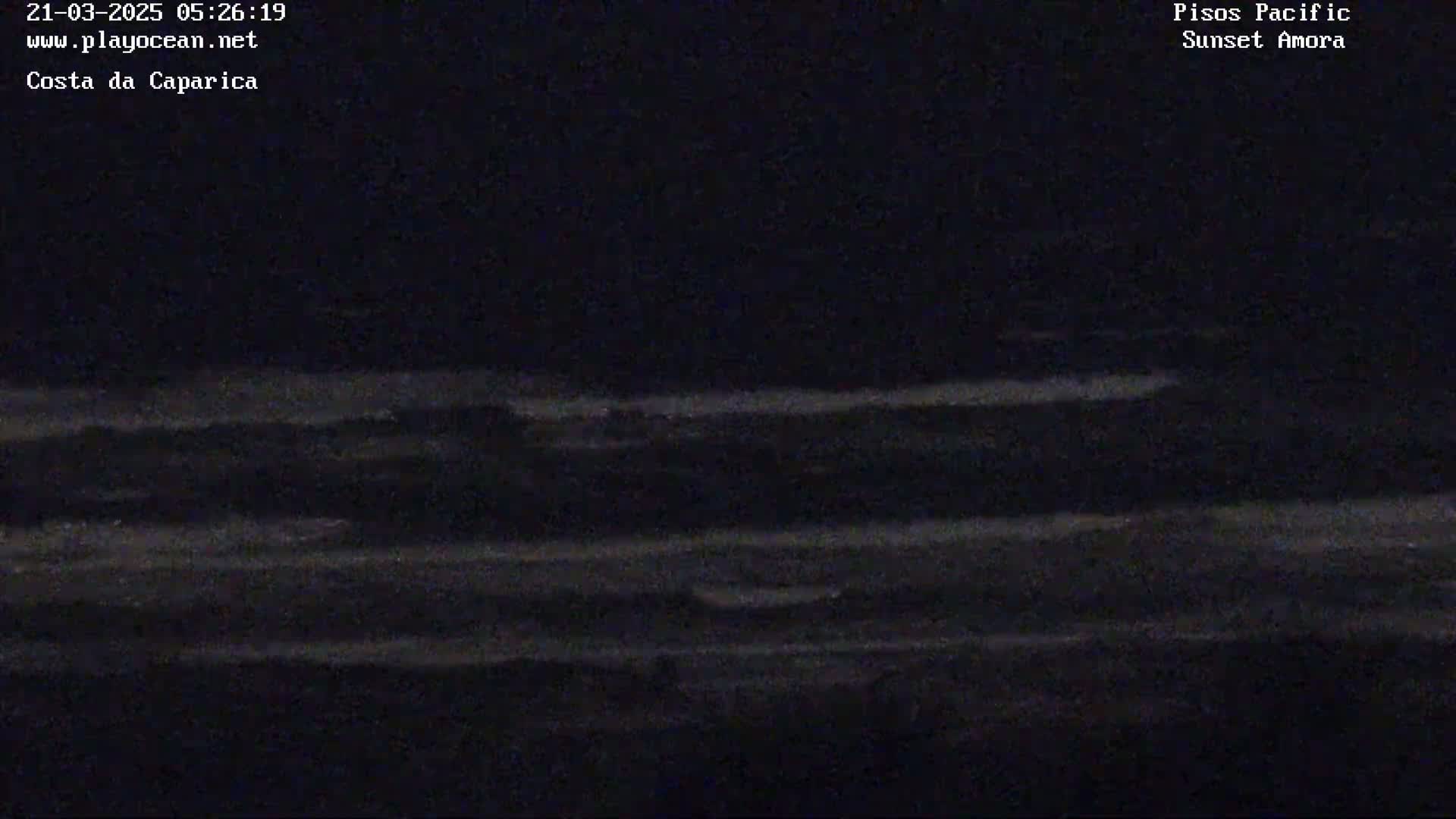 A dark nighttime view of the ocean shows several layers of waves gently rolling toward the shore under a clear, dark sky.