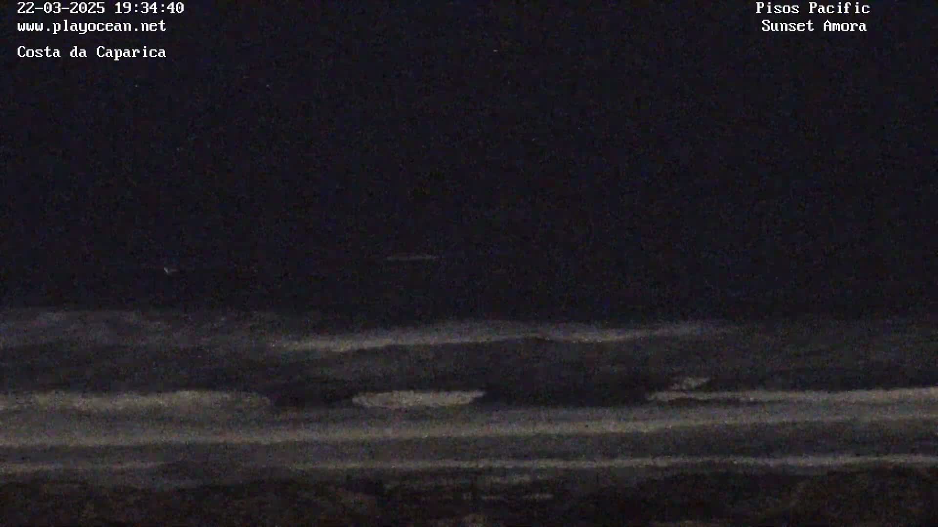 A dark nighttime view of the ocean with small waves rolling onto a beach under a clear, starless sky.