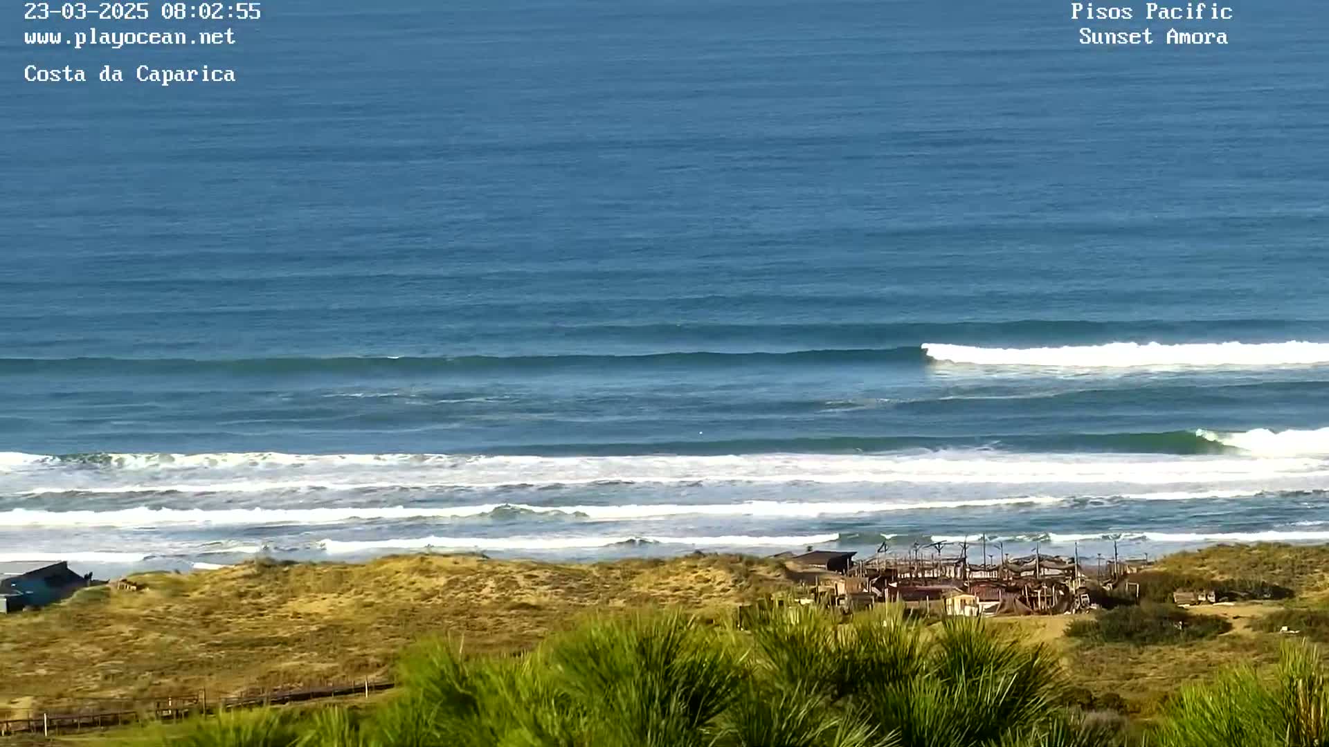 Ocean waves roll onto a sandy shore, where structures are visible near dry, tan grass, under a clear sky.