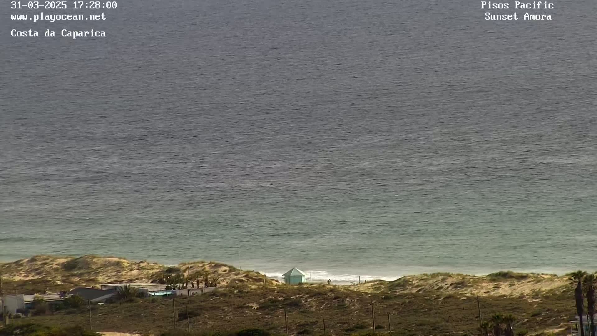 A calm ocean meets a sandy shoreline with sparse vegetation and a small, light-blue building, viewed from a distance.