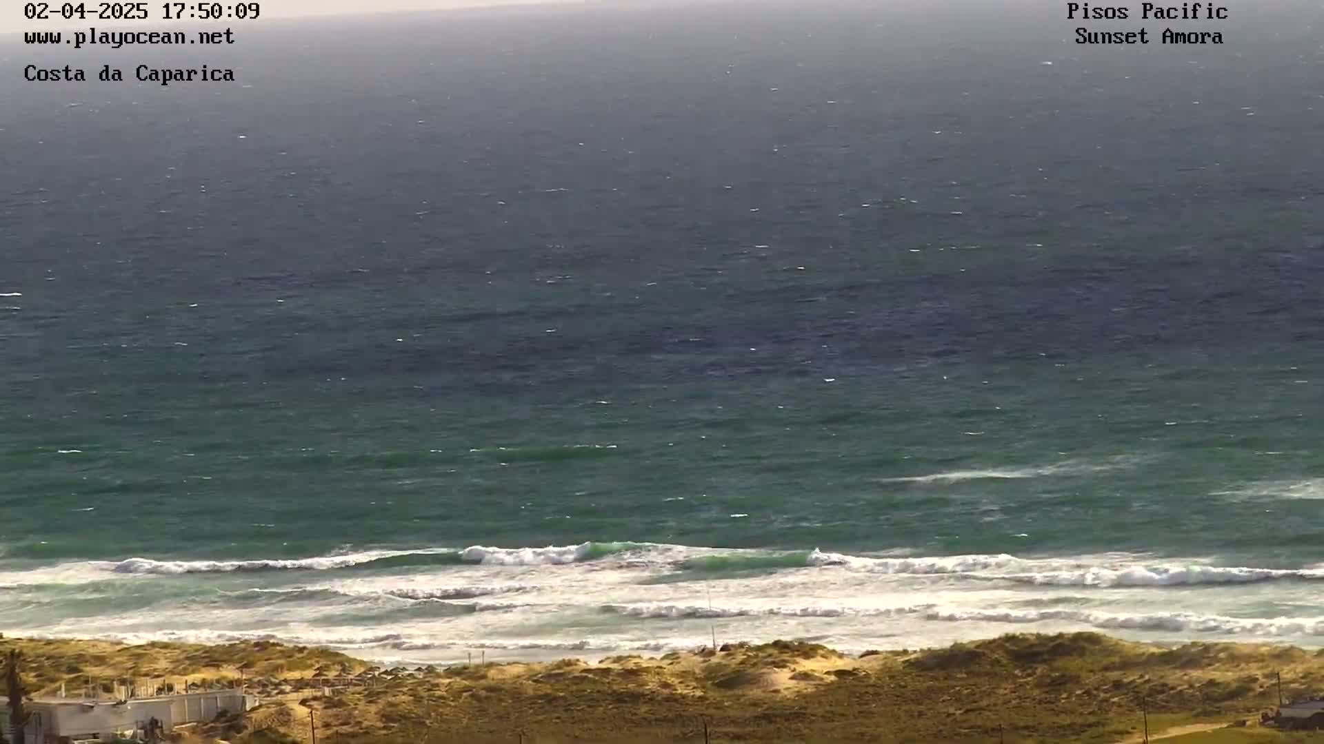 A wide shot of a wavy ocean meeting a sandy shore under a somewhat overcast sky.