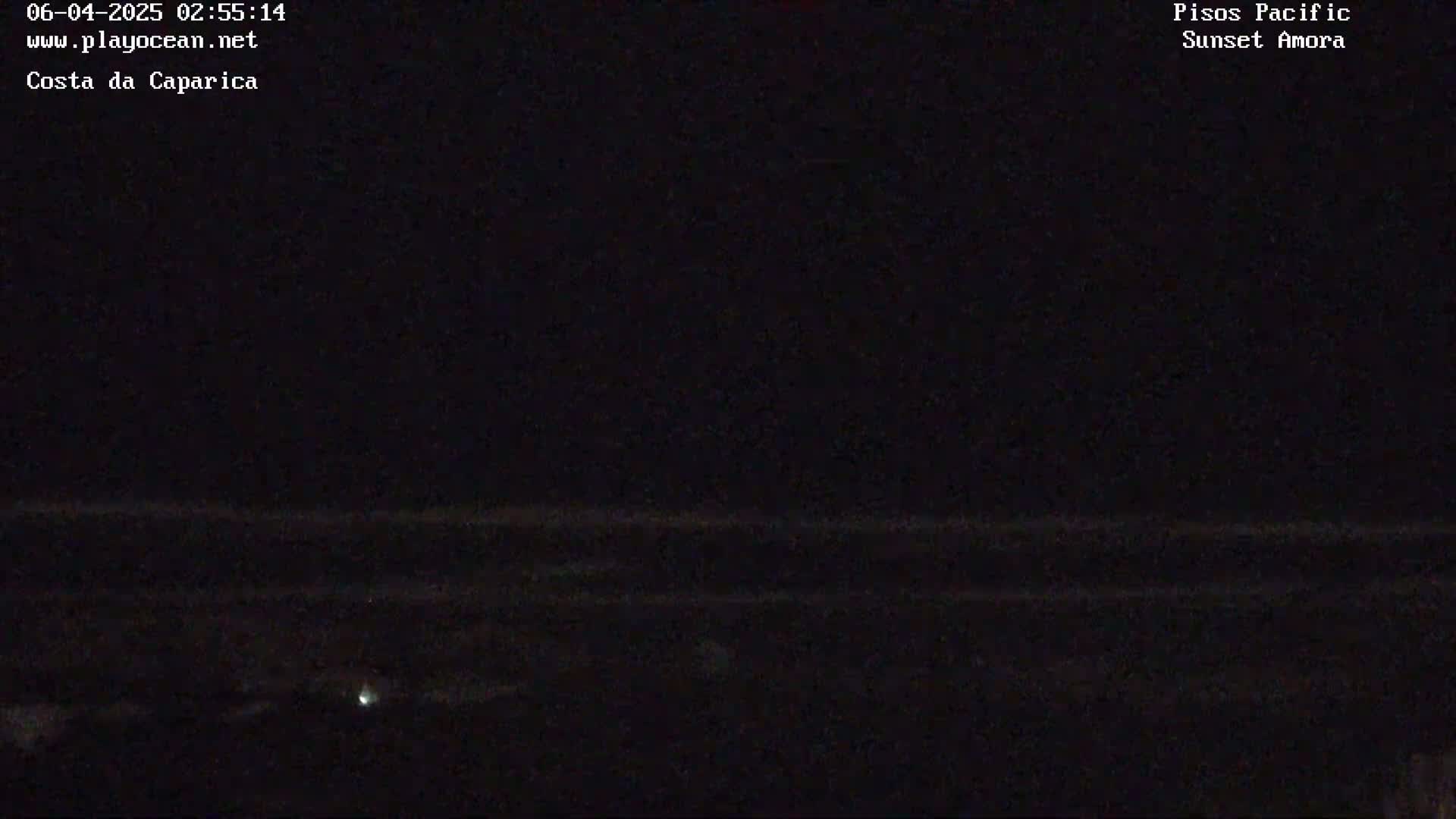 A dark, nighttime view of the ocean shows a faint, distant light near the horizon under a mostly clear sky.