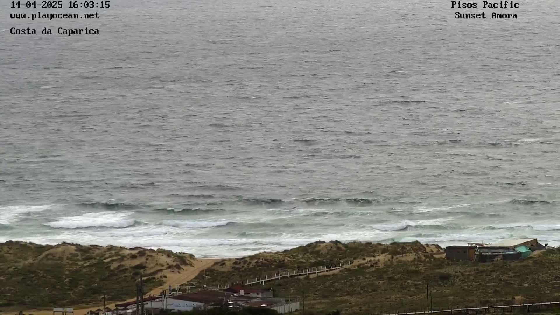 An elevated view shows a grey, somewhat choppy ocean meeting a sandy beach with dune vegetation and a few buildings in the distance.