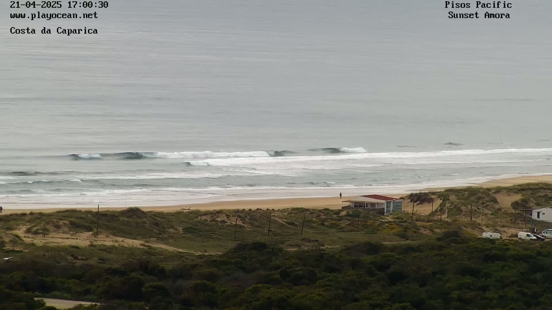 A long, sandy beach with gentle waves under an overcast sky,  backed by sand dunes and low-lying vegetation, features a small building near the shoreline.