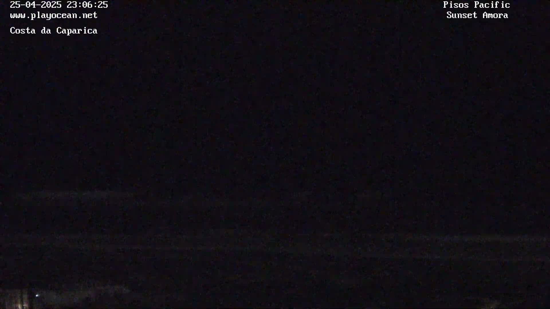 A dark, nighttime coastal scene shows a mostly black ocean with a faint horizon line under a clear, starless sky.