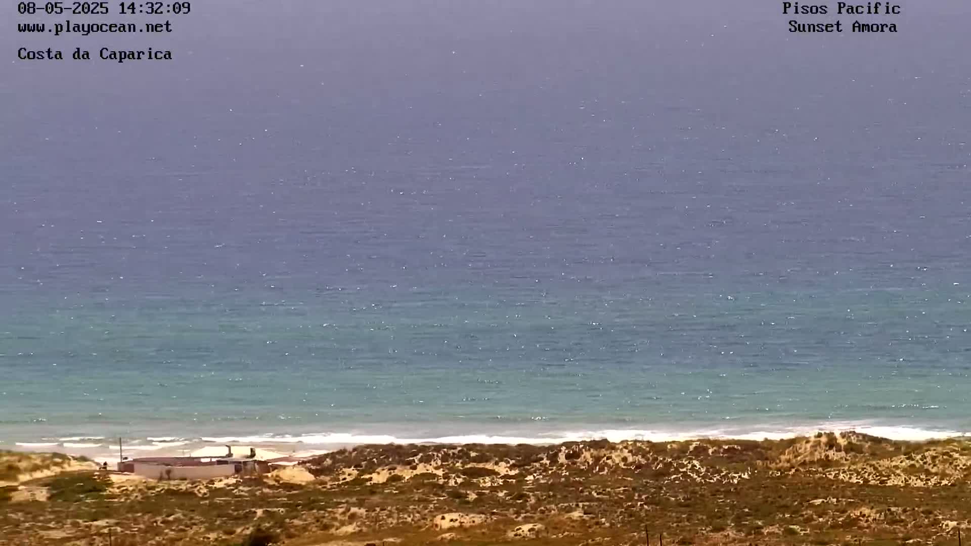 A mostly clear, hazy day shows a calm ocean meeting a sandy shore with sparse vegetation.