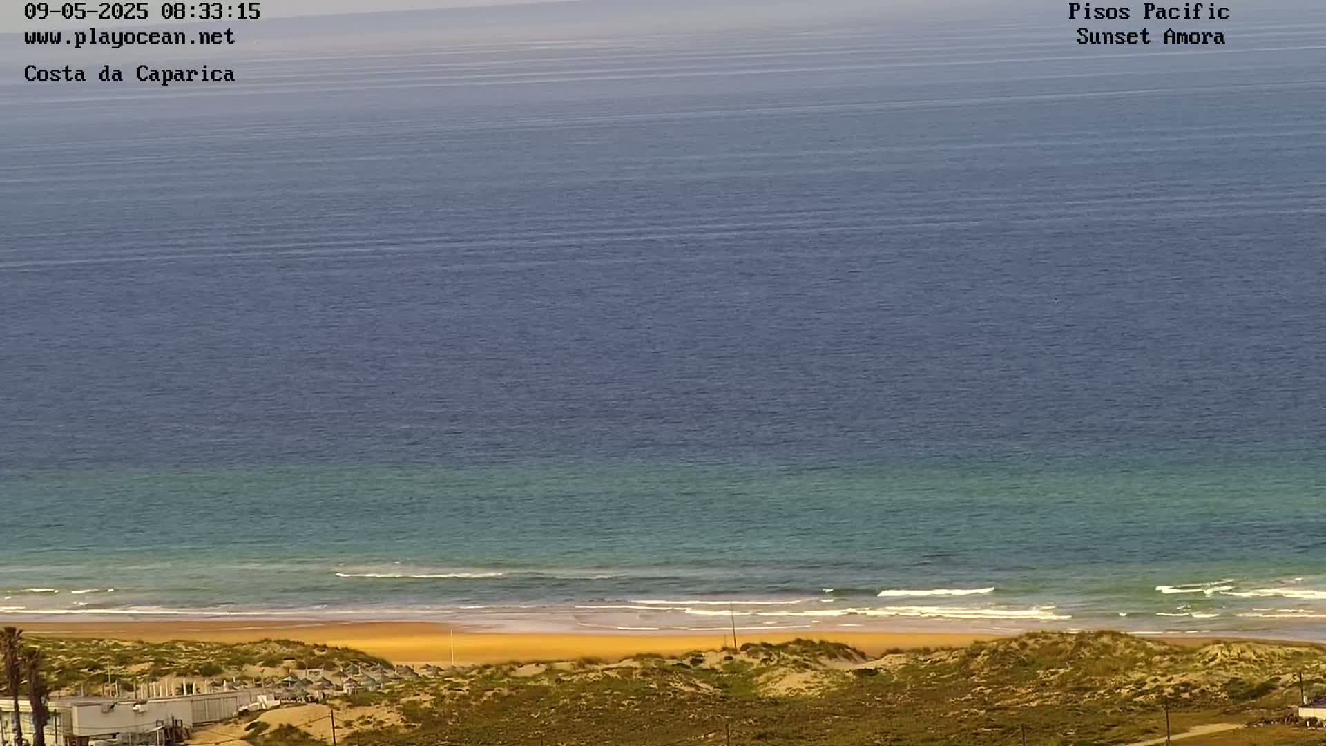 A wide shot shows a sandy beach meeting a calm ocean under a clear sky.
