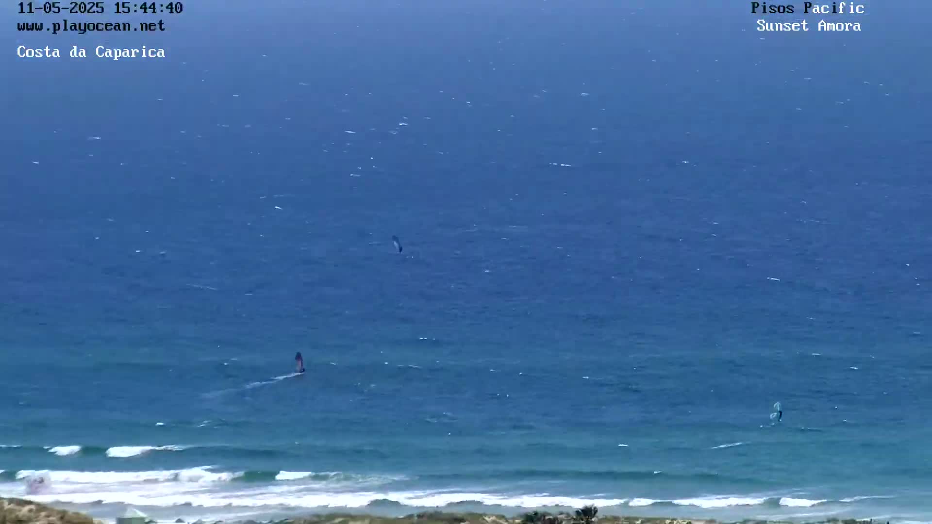 Three windsurfers are visible on a blue ocean with small waves and a sandy shoreline in the distance.