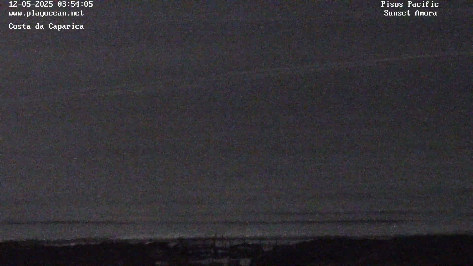 A dark, nighttime view of a beach or coastline under a mostly clear sky.