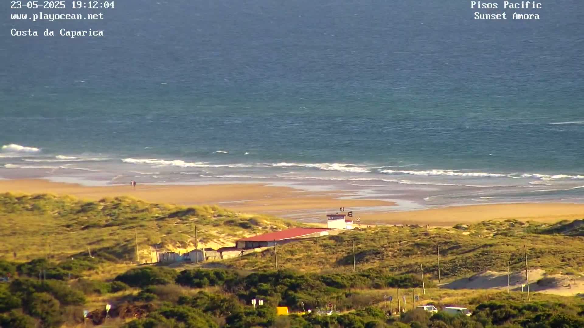 An ocean beach with gentle waves laps a sandy shore, backed by dunes and low-lying vegetation under a clear sky.