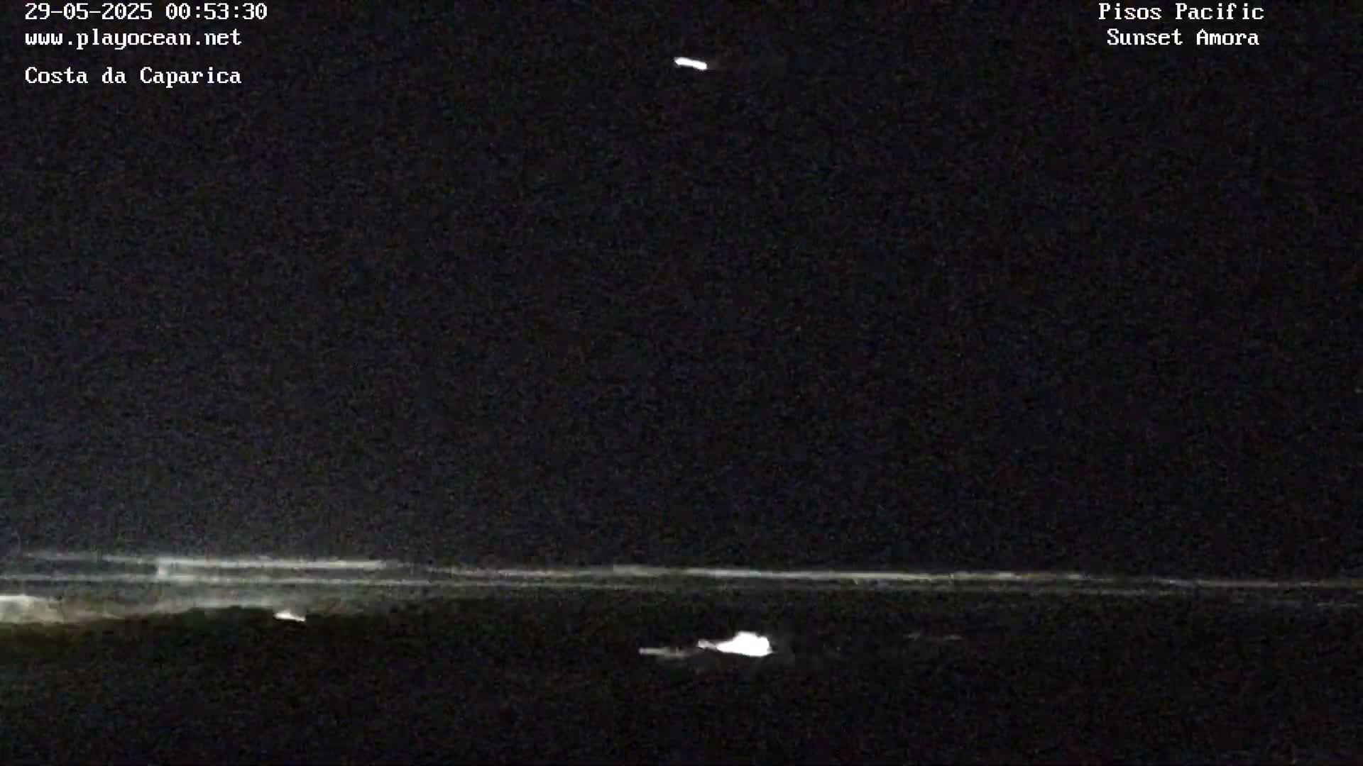 A nighttime, low-light image shows a dark ocean with a faint, bright horizontal line near the horizon.