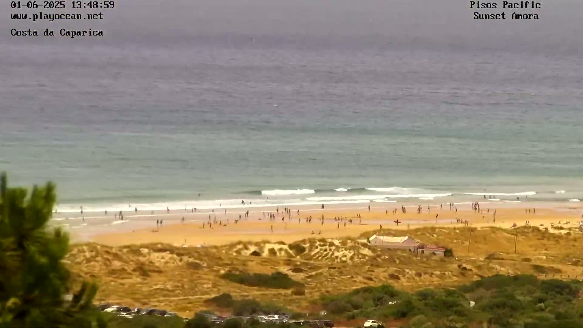 A sandy beach with many people on it is seen from an elevated vantage point, overlooking a calm ocean under an overcast sky.