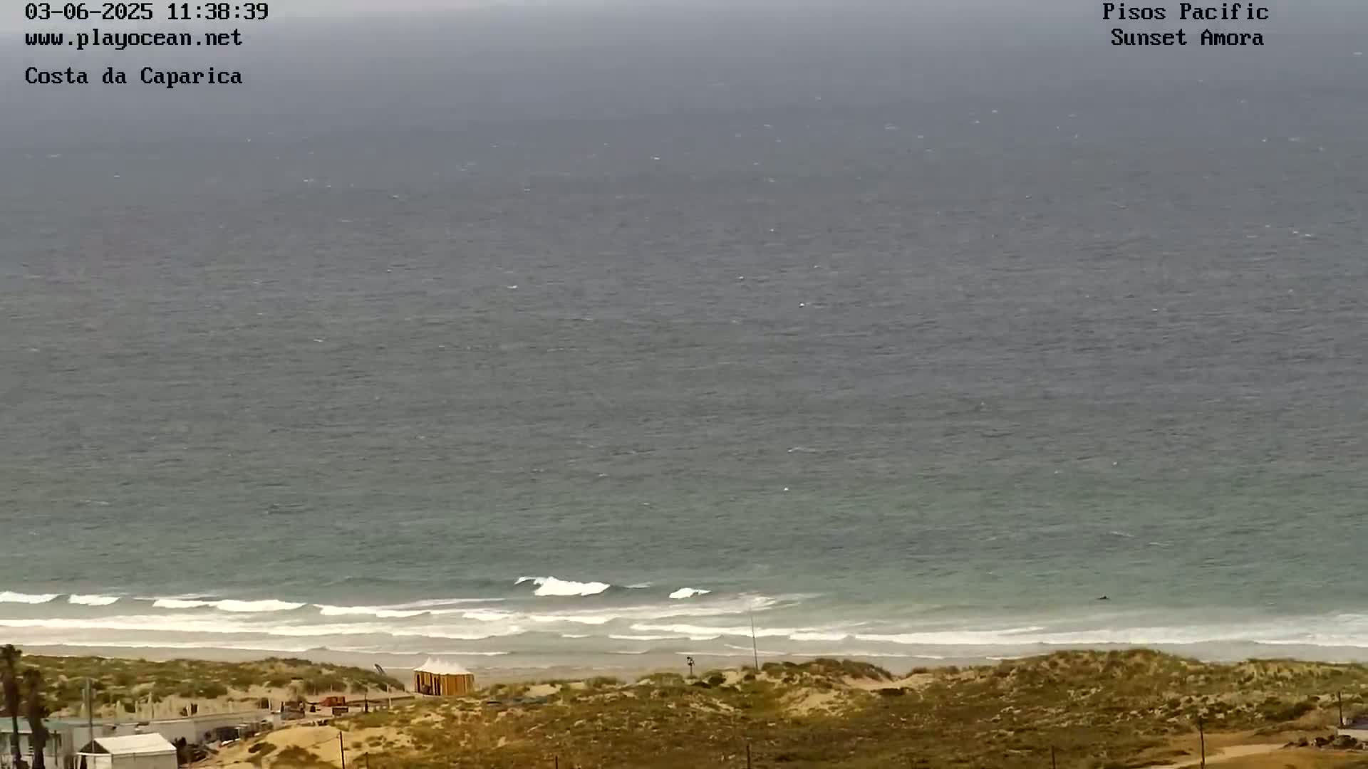 A mostly cloudy day shows a wide expanse of ocean with small waves breaking on a sandy beach backed by dry, light-brown vegetation.