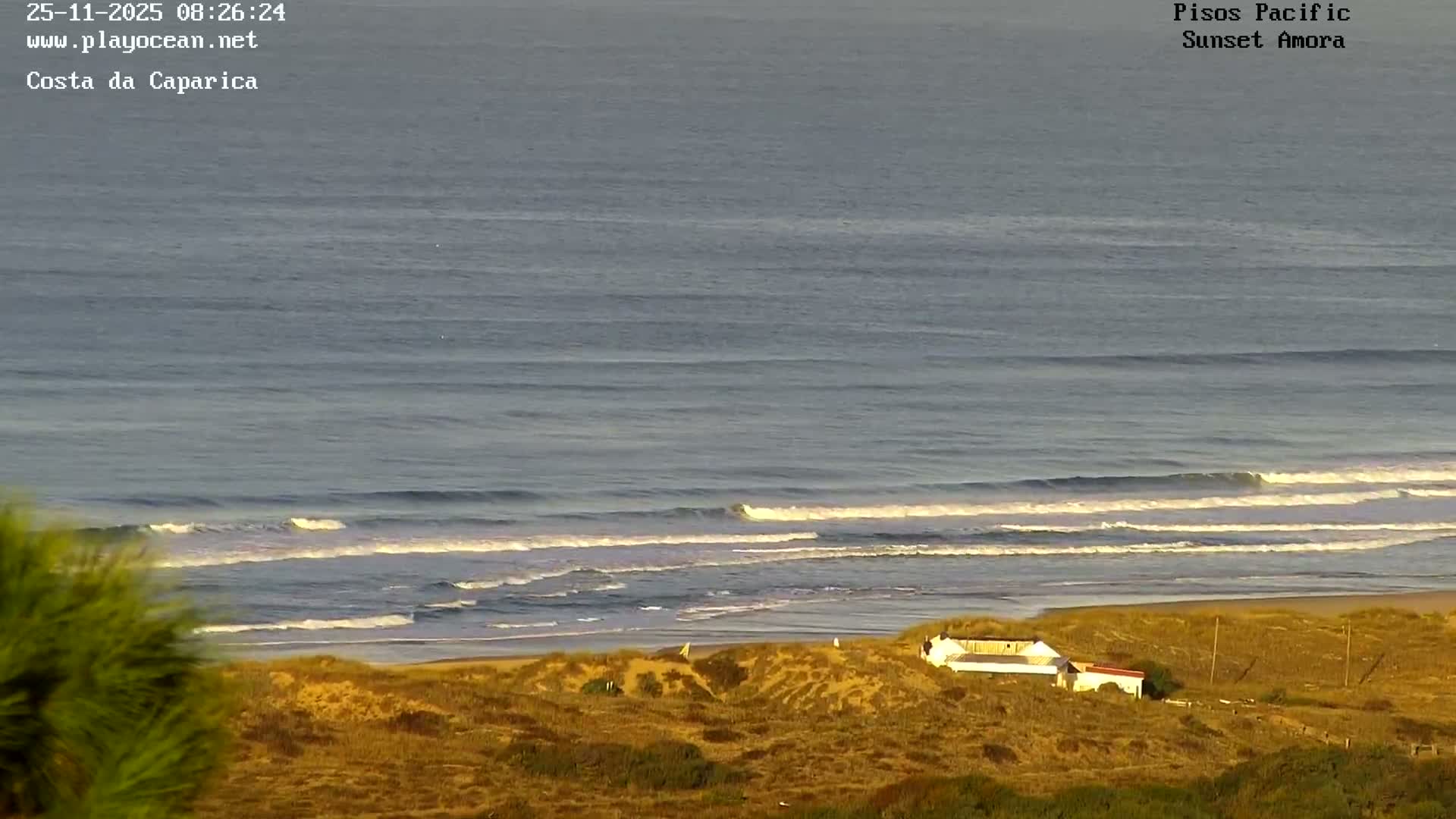On a clear and sunny day, gentle waves roll onto a golden sandy beach backed by sunlit dunes with sparse vegetation and a small white building.