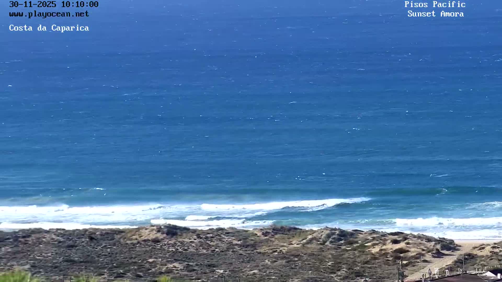 Under a clear, sunny sky, a deep blue ocean with white-capped waves crashes onto a sandy beach backed by dry, scrubby dunes in the foreground.