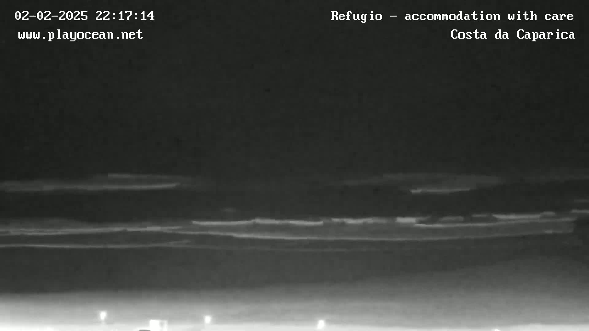 A nighttime, low-light image shows a dark beach and ocean with faintly visible waves under a mostly clear sky.