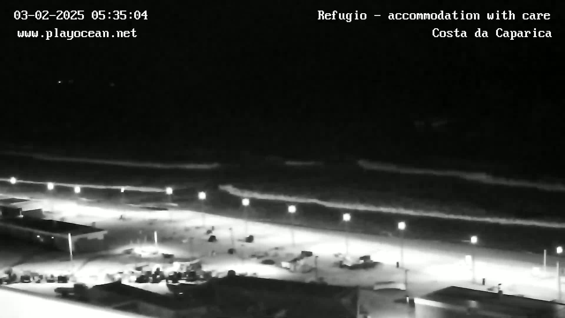 A nighttime, overhead view shows a dark beach with gently rolling waves under a clear sky, illuminated by several streetlights along the shoreline.