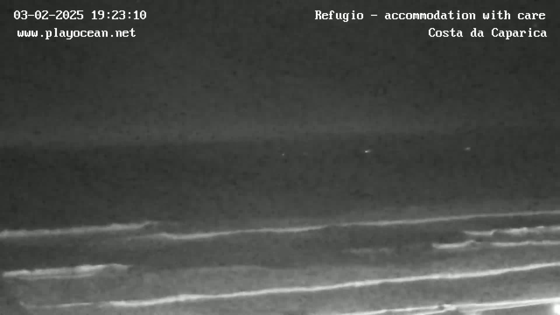 A nighttime, low-light image shows dark ocean waves lapping at a shoreline under a mostly clear sky.