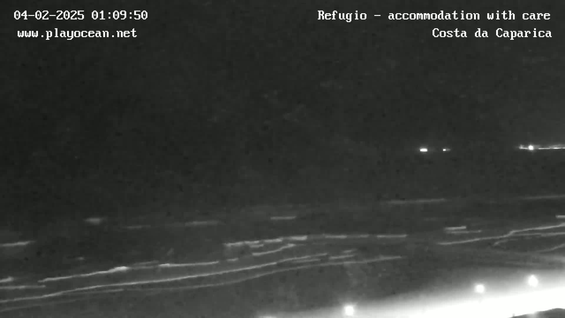 A nighttime, low-light view of a dark ocean with small waves and faint lights visible in the distance.