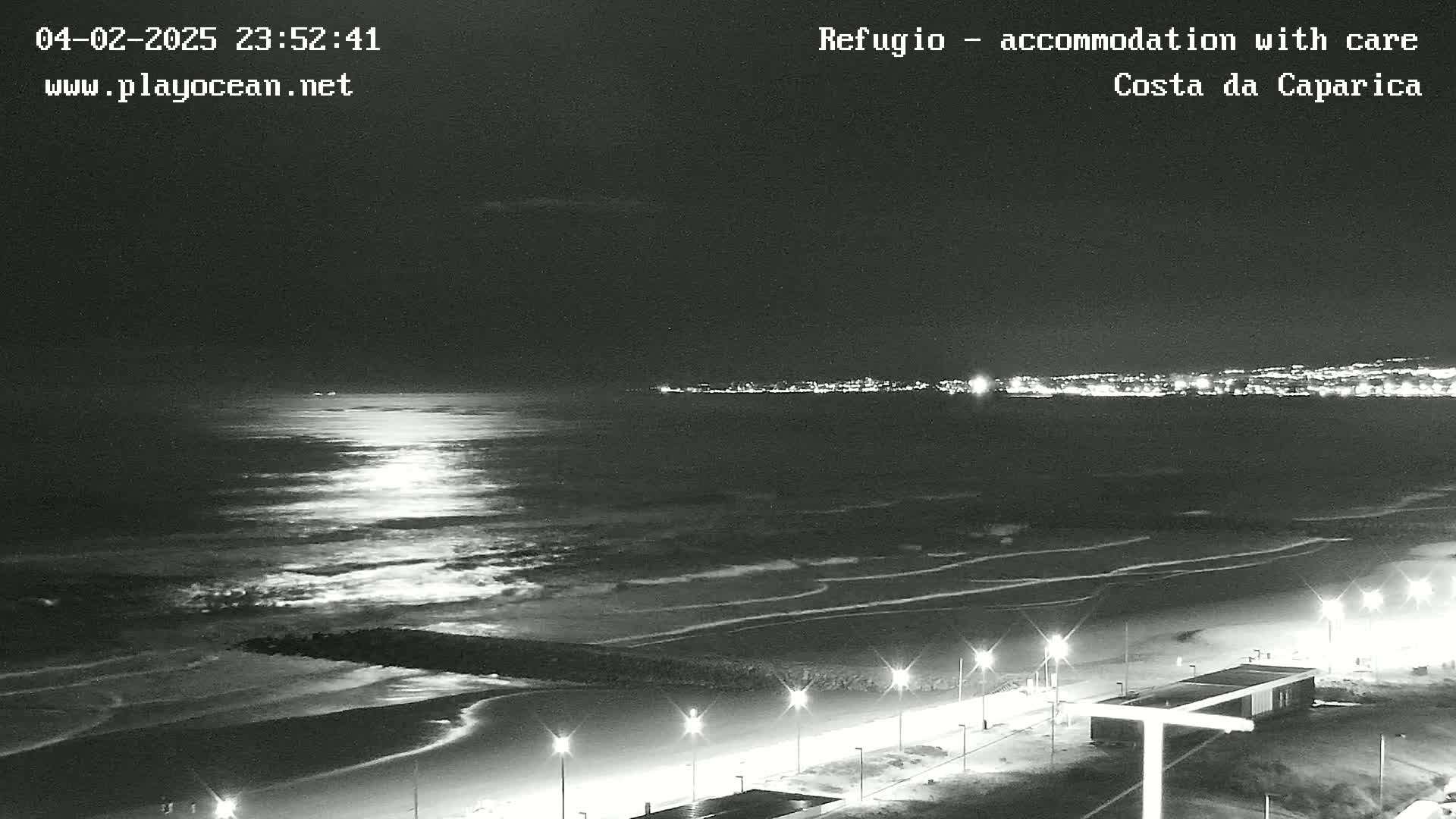 A moonlit nighttime beach scene shows a dark ocean with gentle waves, a shoreline with lights, and a distant city illuminated against a dark sky.