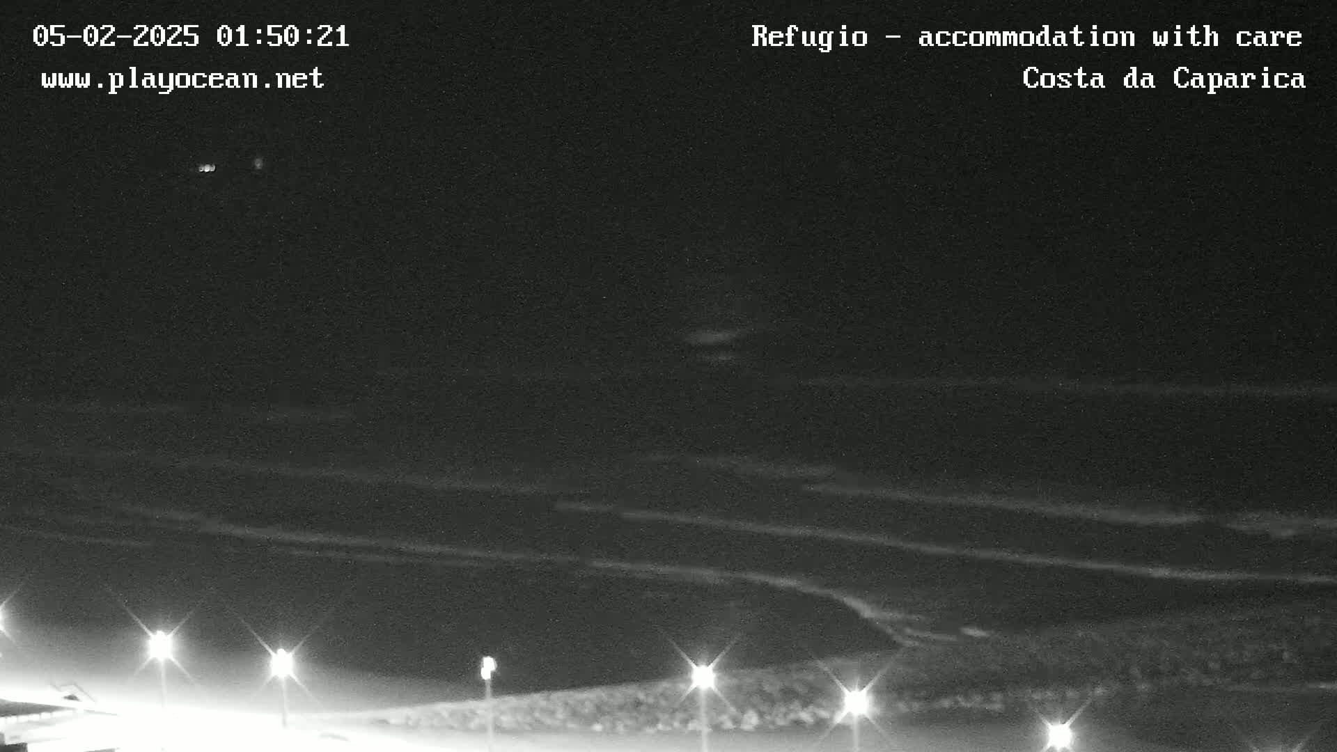 A nighttime, low-light view of a dark ocean with gently rolling waves under a mostly clear sky, illuminated by several lights along a shoreline.