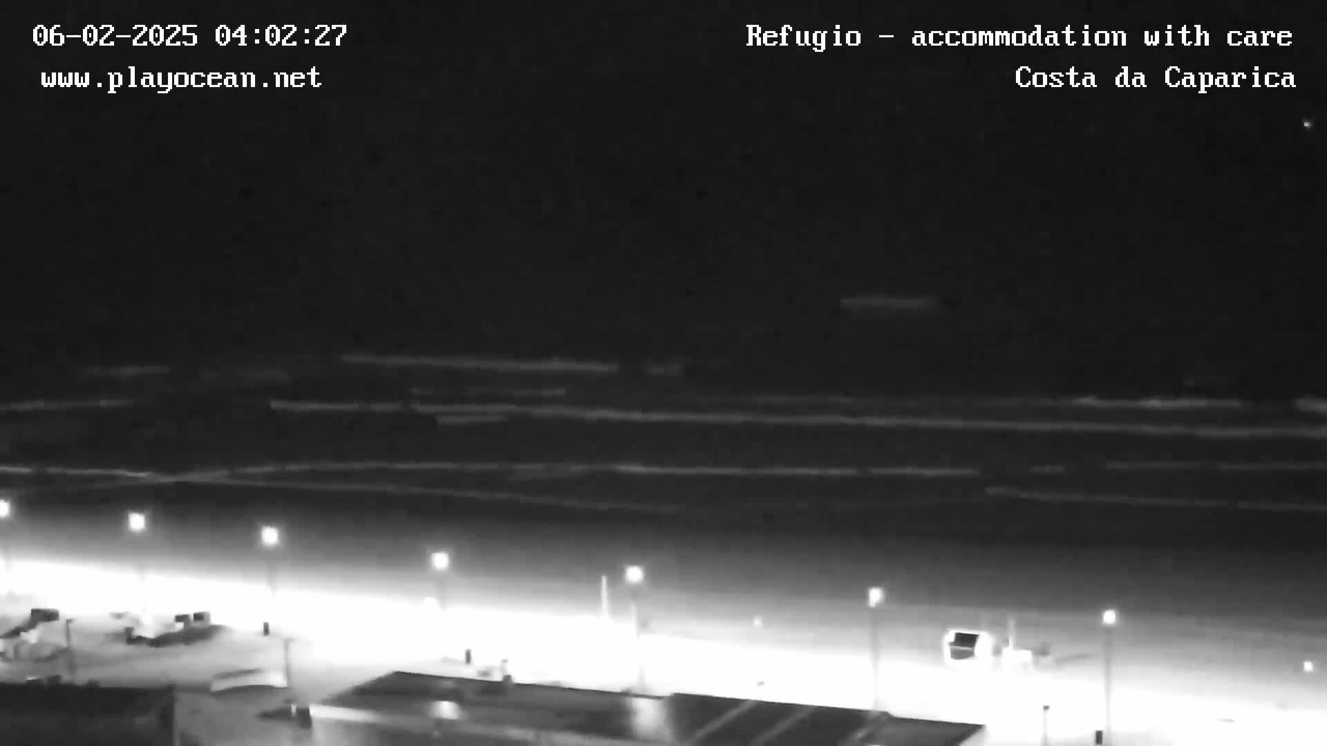 A nighttime view of a dark beach with gently lapping waves under a clear sky.