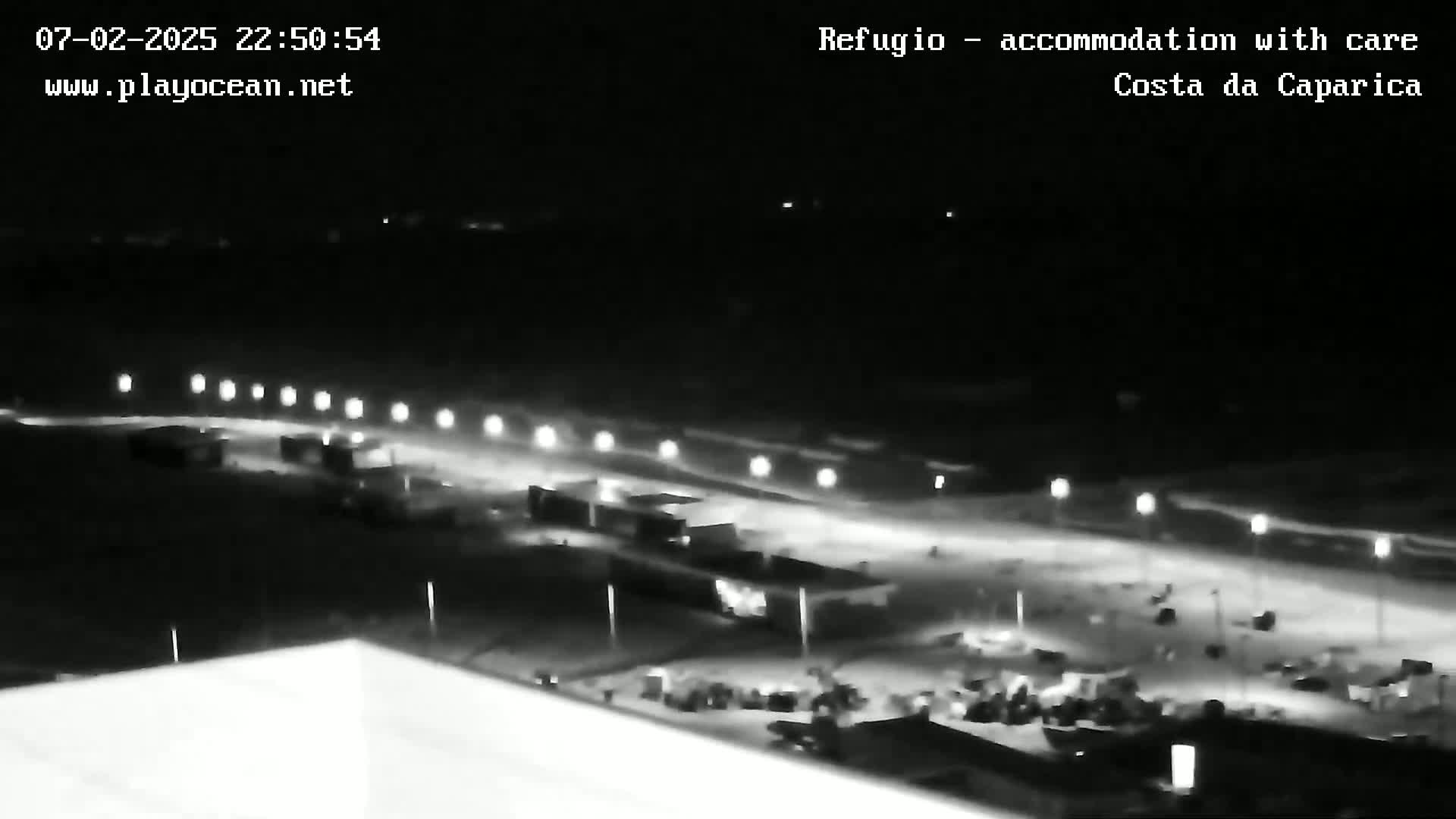 A nighttime, low-light view of a parking lot with several vehicles and illuminated lamp posts.