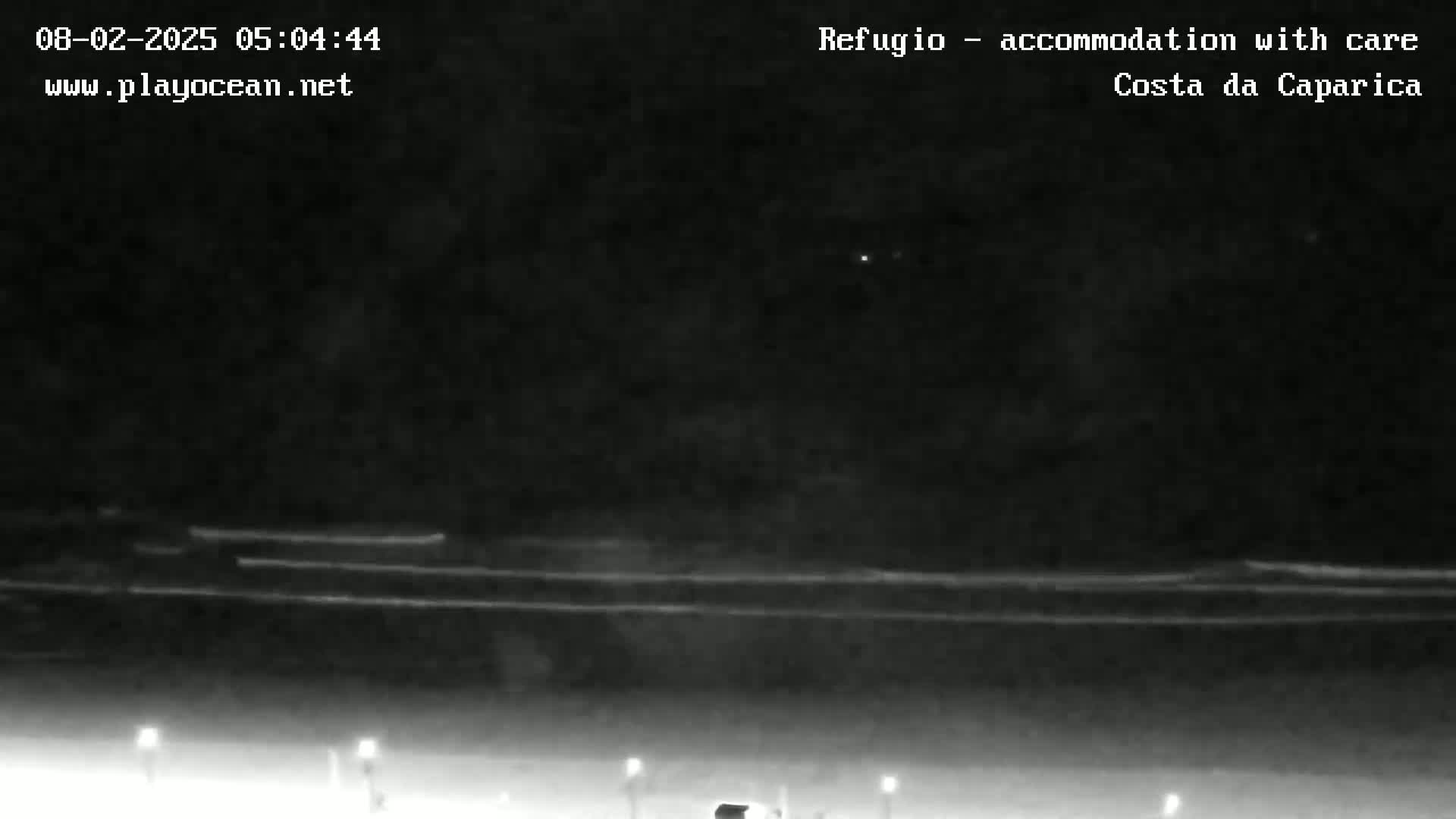 A nighttime, low-light view of a dark ocean with faint waves under a mostly clear sky.