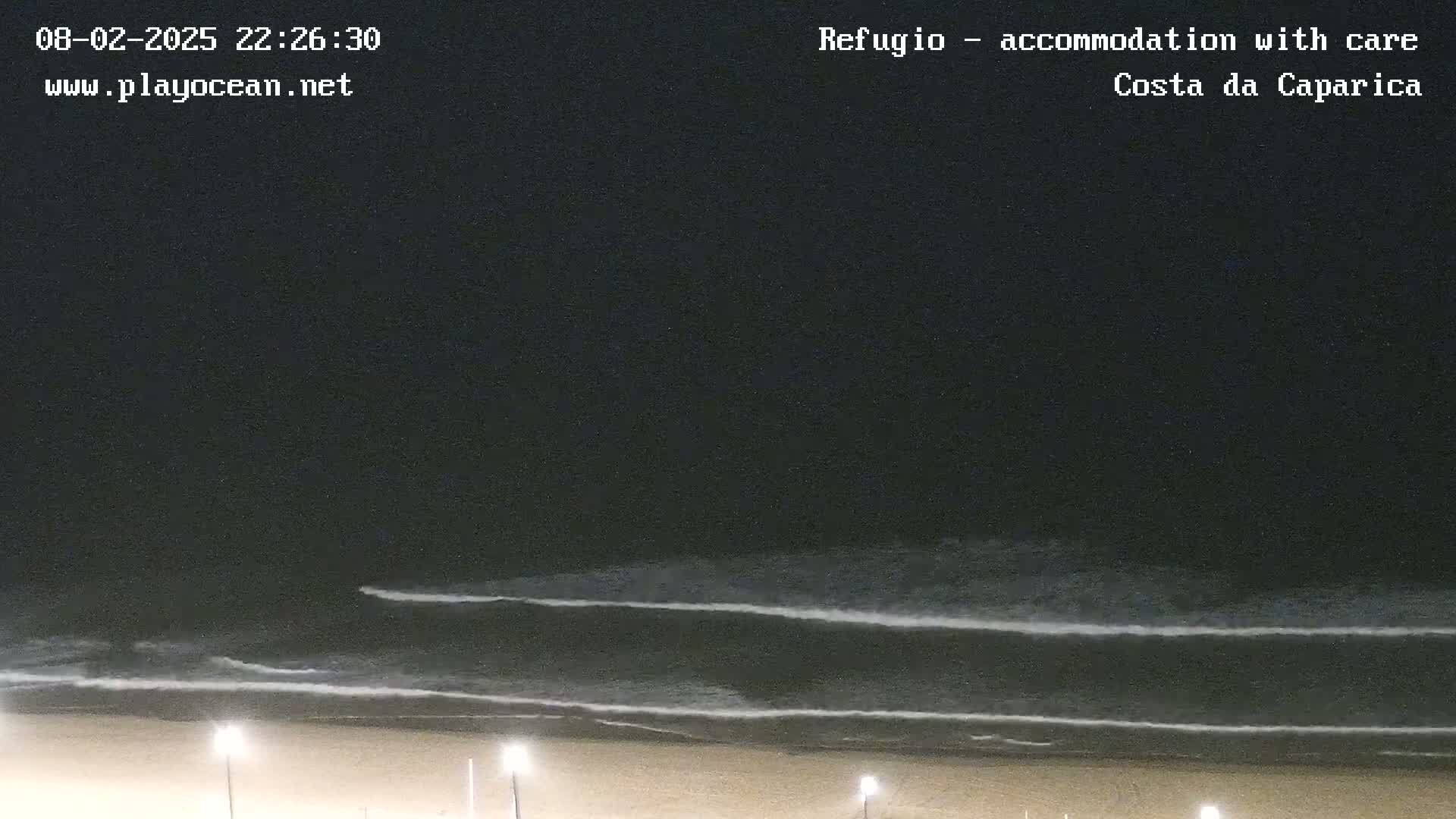 At night, gentle waves lap a dark sandy beach under a clear, dark sky.