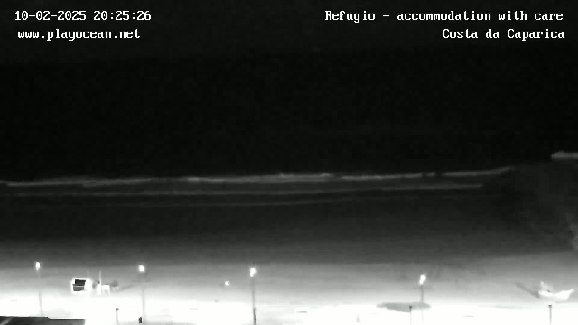 A nighttime beach scene shows dark sand, a dark ocean with small waves, and several lights along the shoreline under a clear, dark sky.