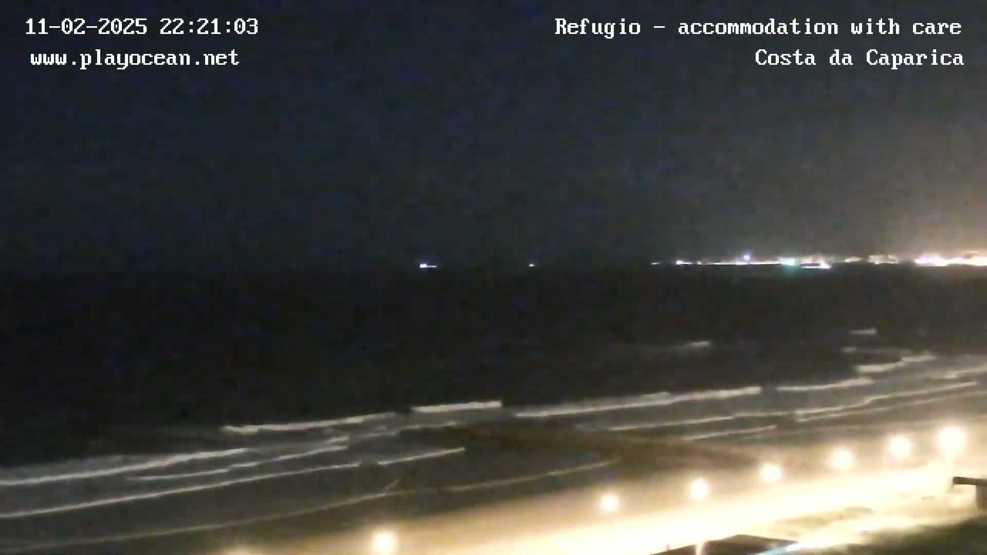 A nighttime view of a beach with dark, wavy ocean and a dimly lit shoreline.