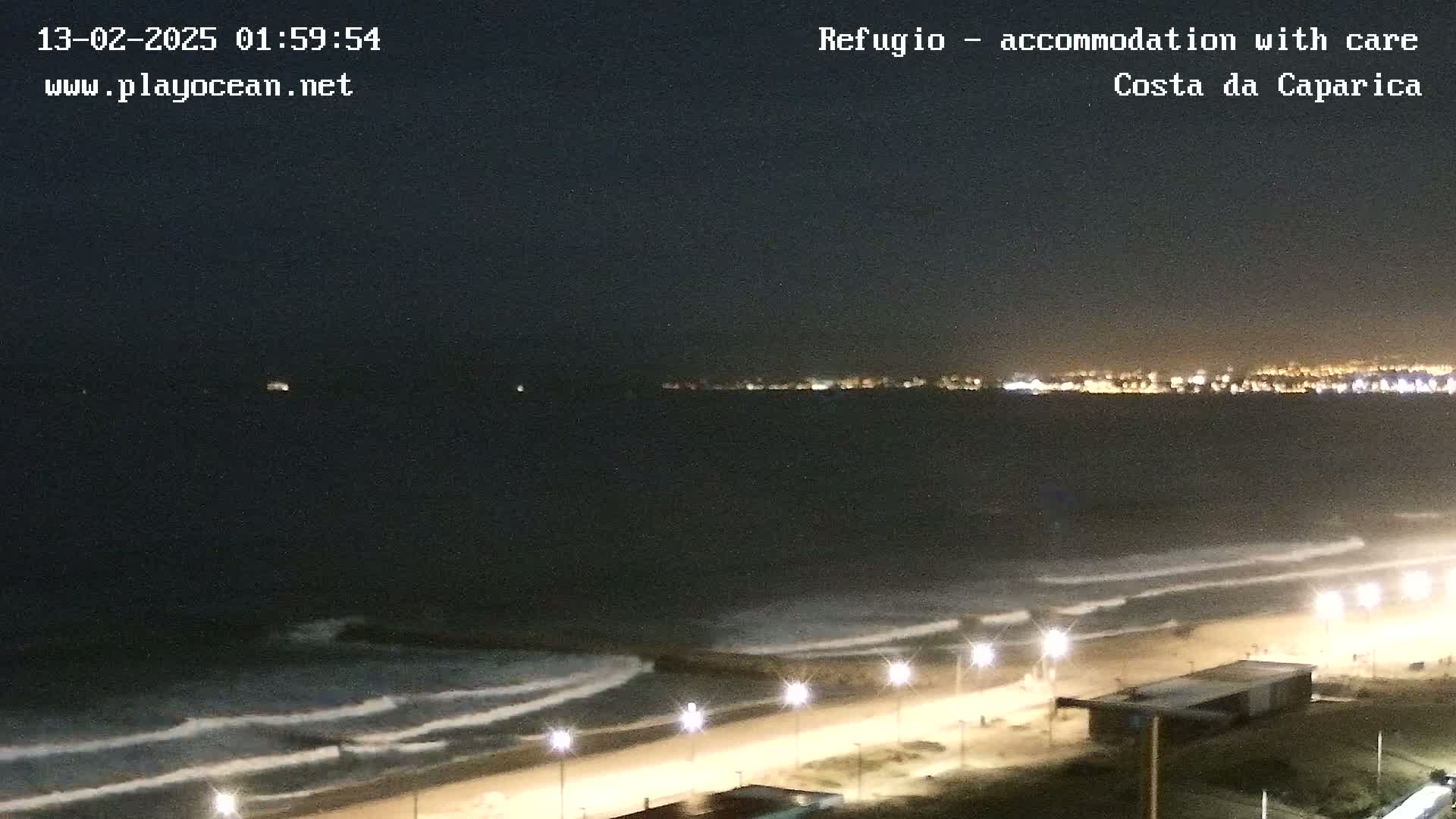 A nighttime view of a beach with gentle waves rolling ashore under a dark sky, illuminated by lights along the beachfront and a distant city skyline glowing on the horizon.