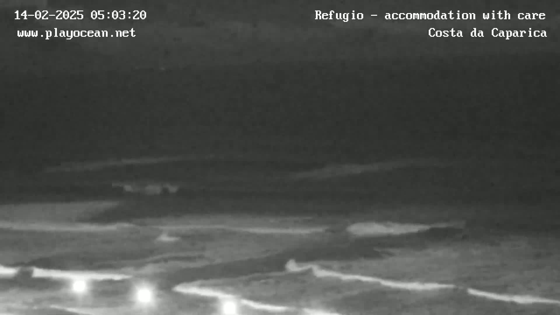 A nighttime, low-light view of a dark, wavy landscape with a few distant lights visible.