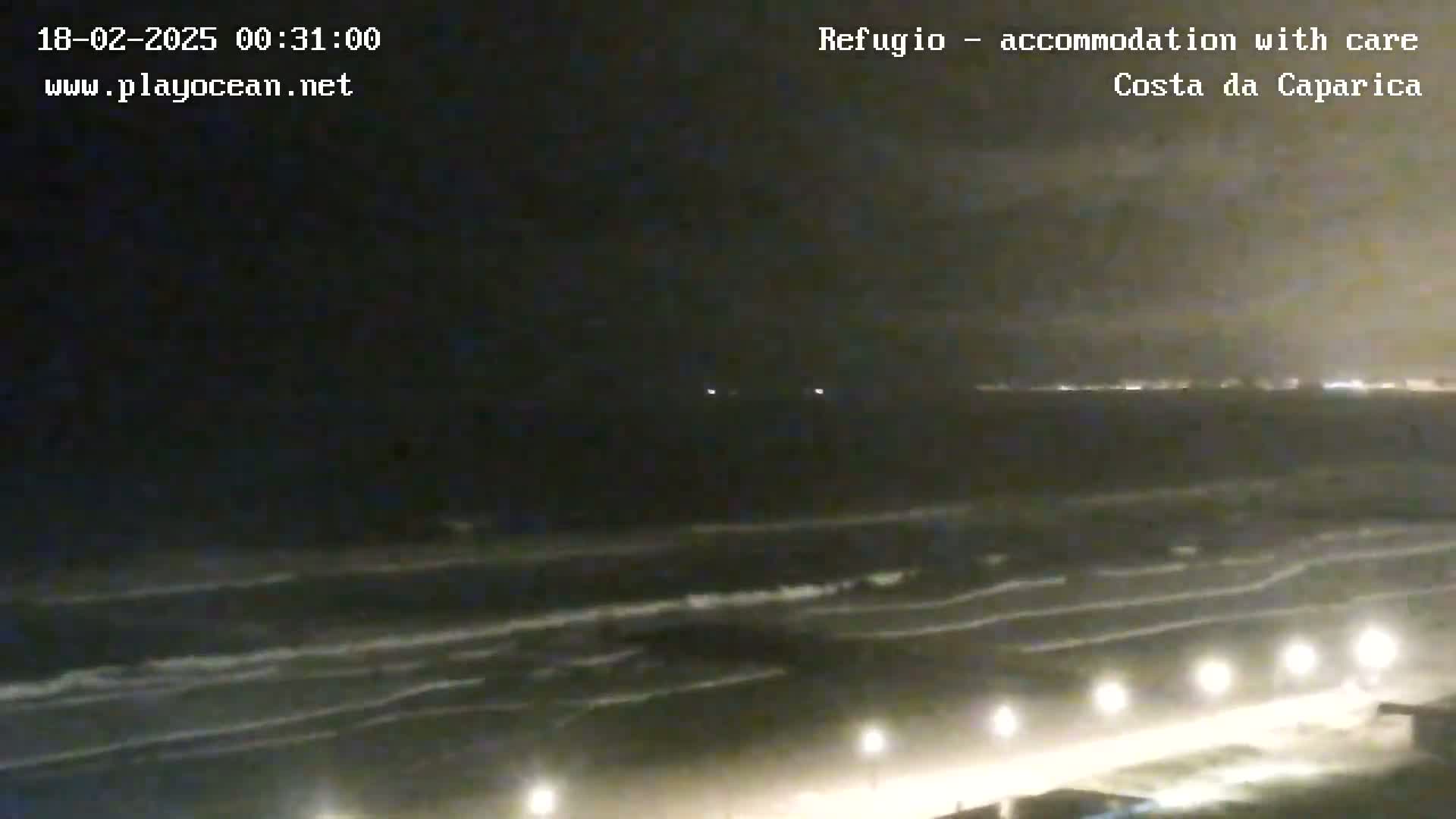 A nighttime long shot of a dark ocean with waves crashing on the shore, a dimly lit beach, and distant lights on the horizon under a cloudy sky.