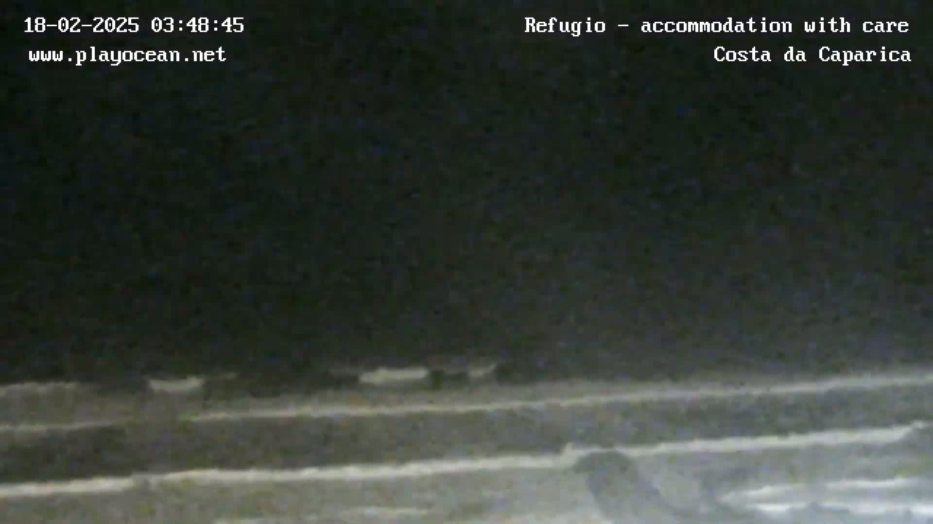 A dark, nighttime image shows a beach with faintly visible waves under a mostly clear sky.
