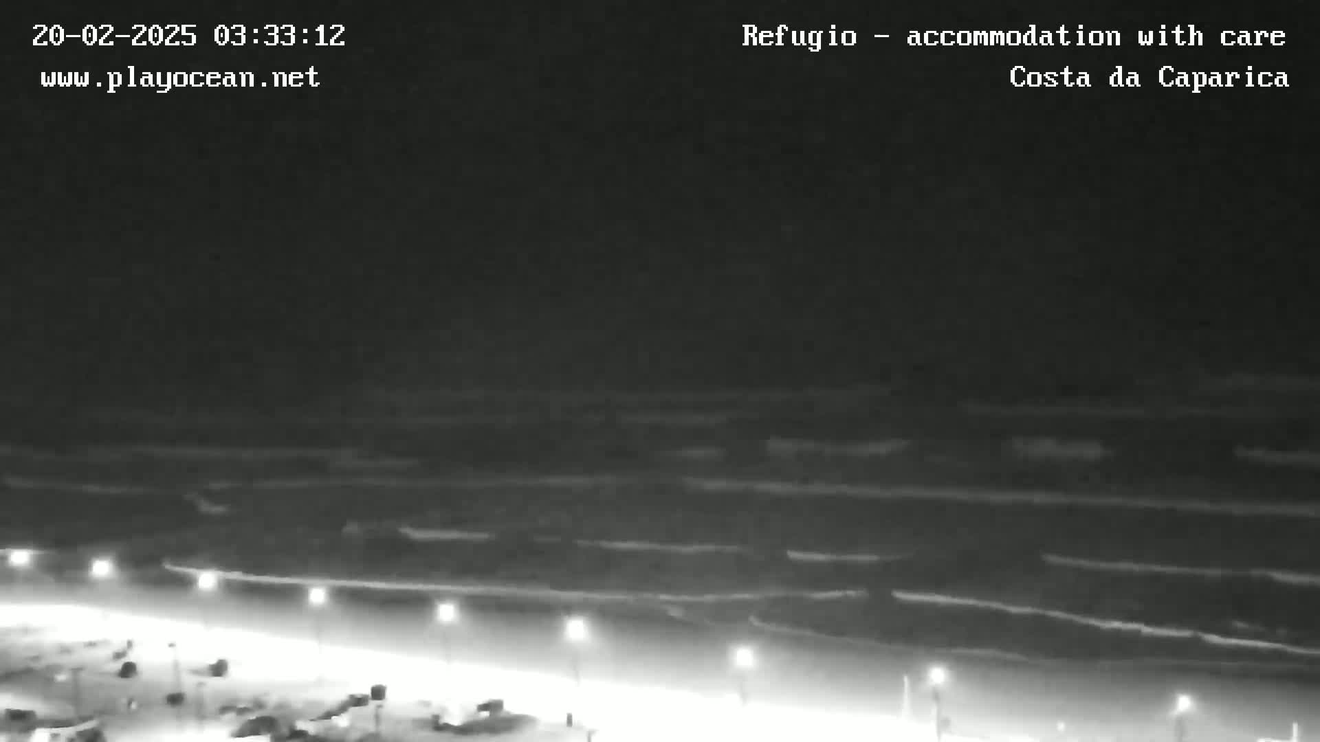 A nighttime, low-light view of dark ocean waves lapping a shoreline with illuminated streetlights visible along the coast.